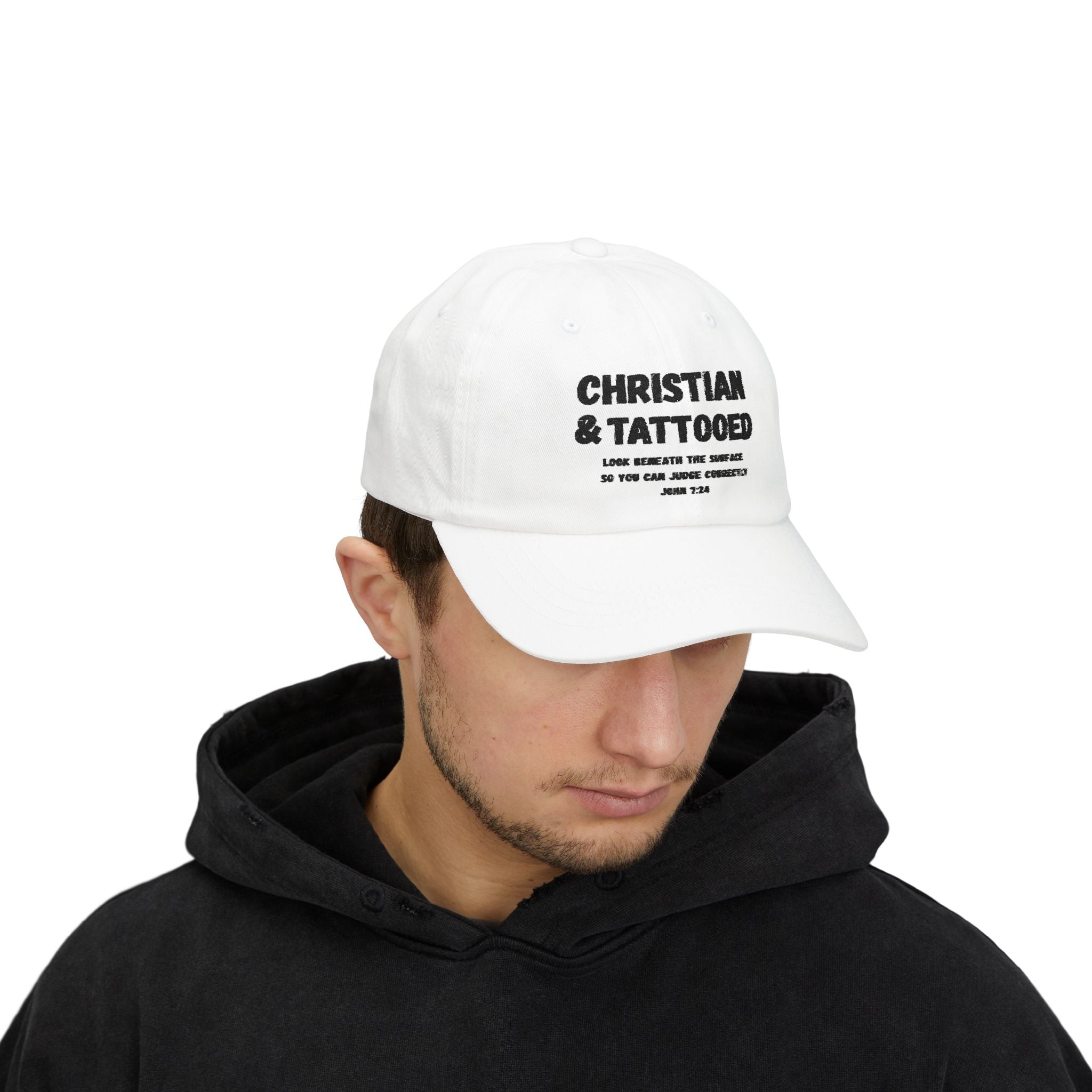 Embroidered Christian & Tattooed Dad Cap — Faith-Based Baseball Hat with John 7:24 Message