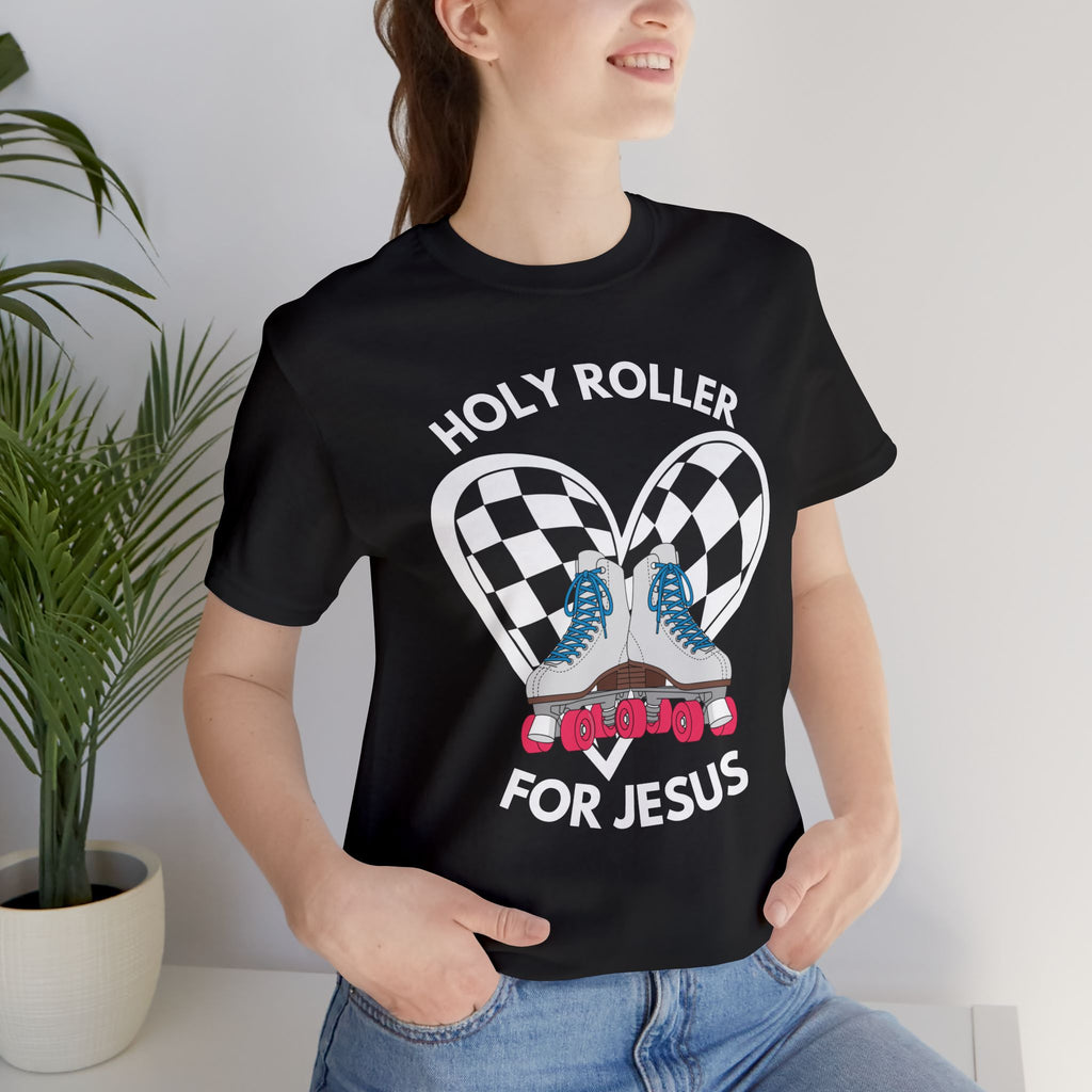 Holy Roller For Jesus T-Shirt — Retro Roller Skates & Checker Heart Christian Tee