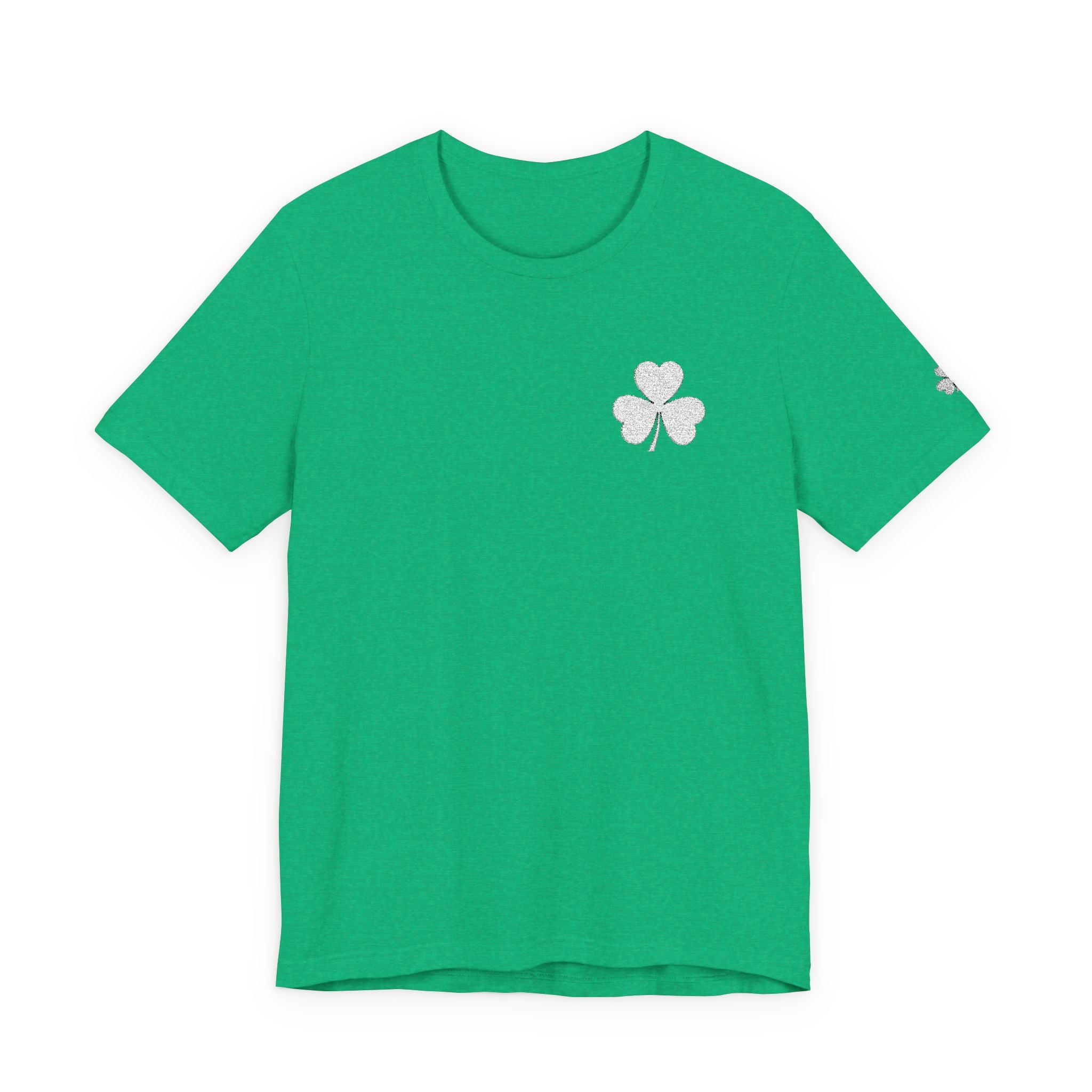 Embroidered Shamrock Pocket Tee — Distressed Lucky Clover T-Shirt
