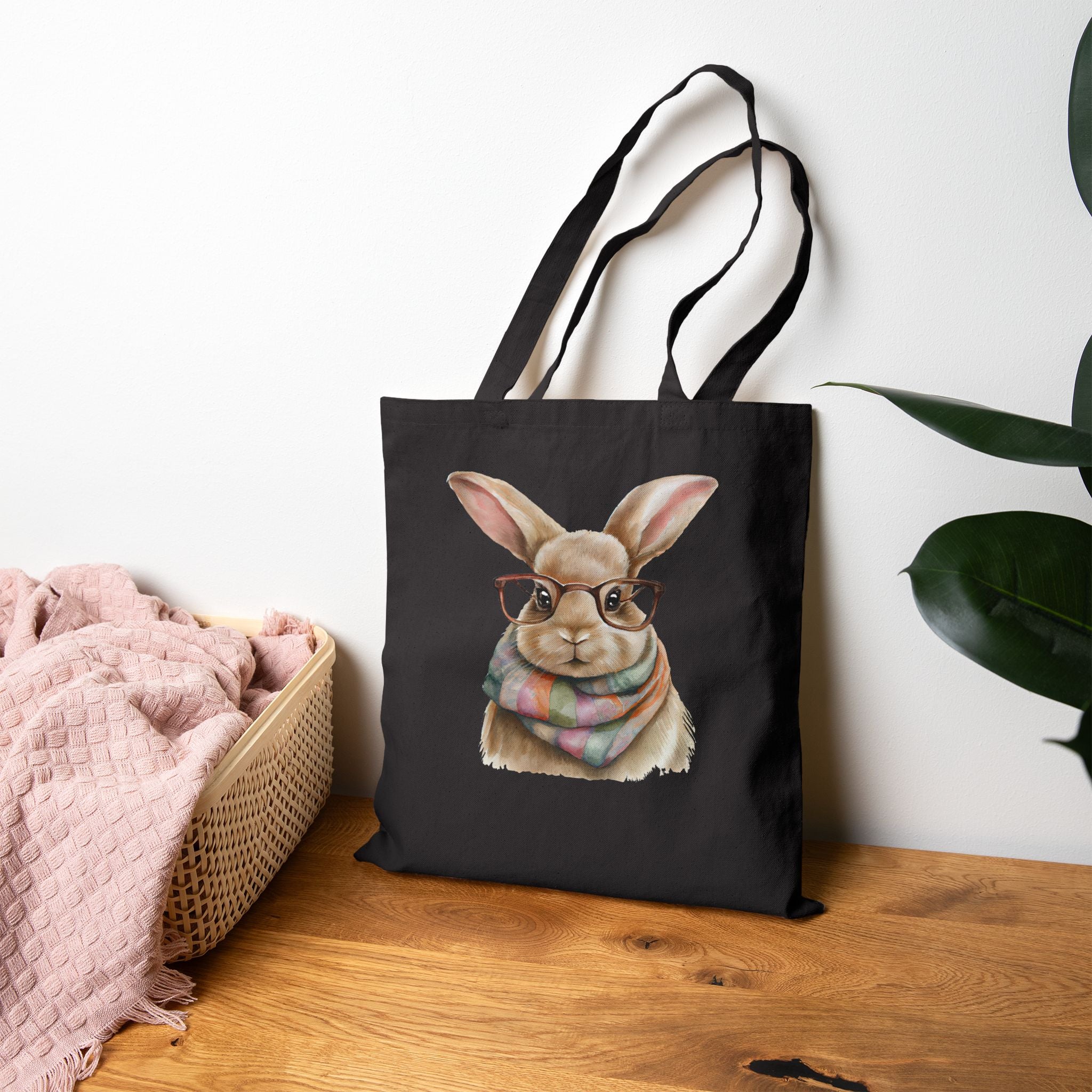 Canvas Tote Bag — Cute Bunny with Glasses & Plaid Scarf | Eco-Friendly Grocery, Book & Gift Tote