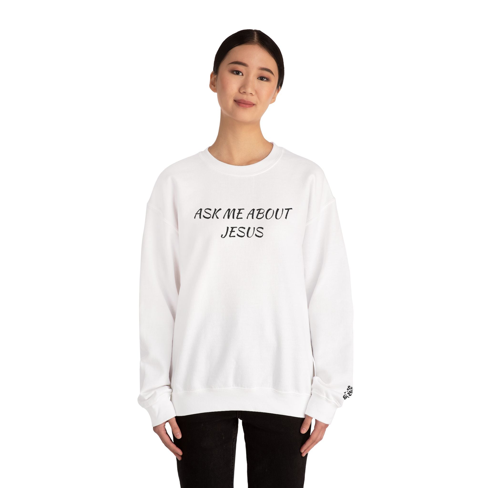 Embroidered Ask Me About Jesus Sweatshirt | Christian Faith Scripture Crewneck