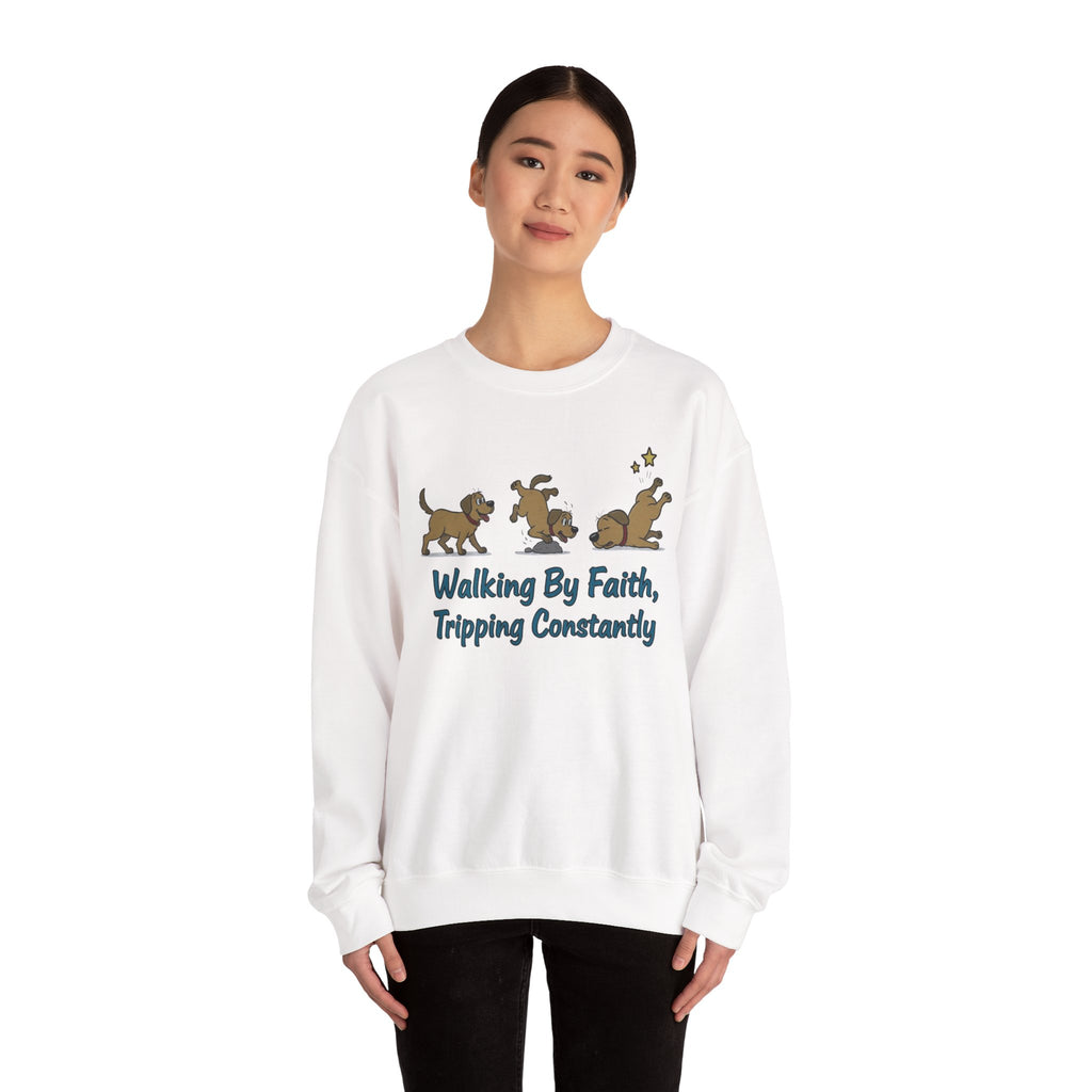 Crewneck Sweatshirt — "Walking By Faith, Tripping Constantly" Cute Puppy Graphic