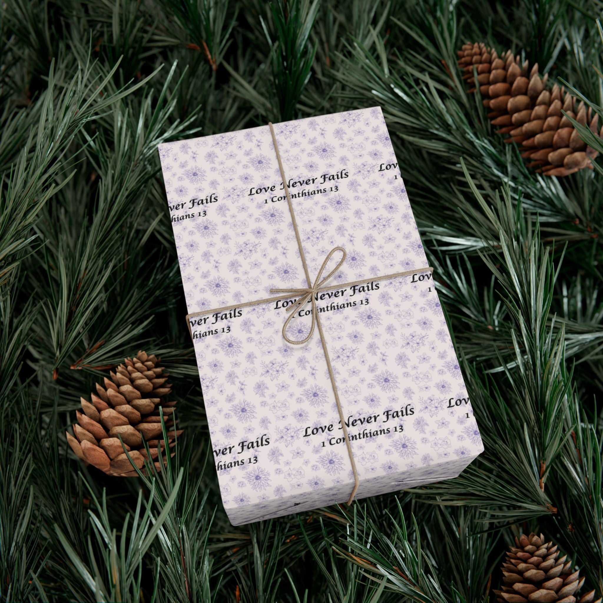 Floral "Love Never Fails" Gift Wrap Paper — Lavender Christian Wrapping Sheets