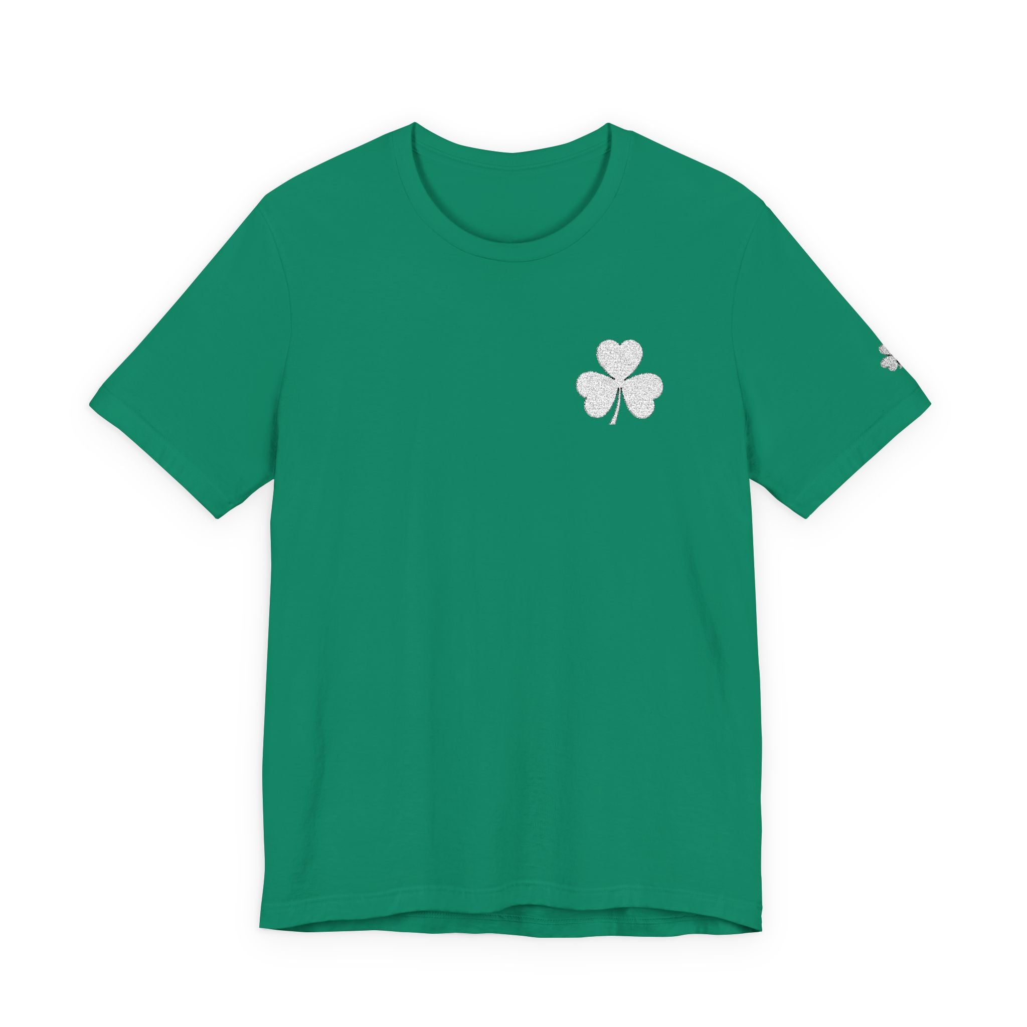 Embroidered Shamrock Pocket Tee — Distressed Lucky Clover T-Shirt