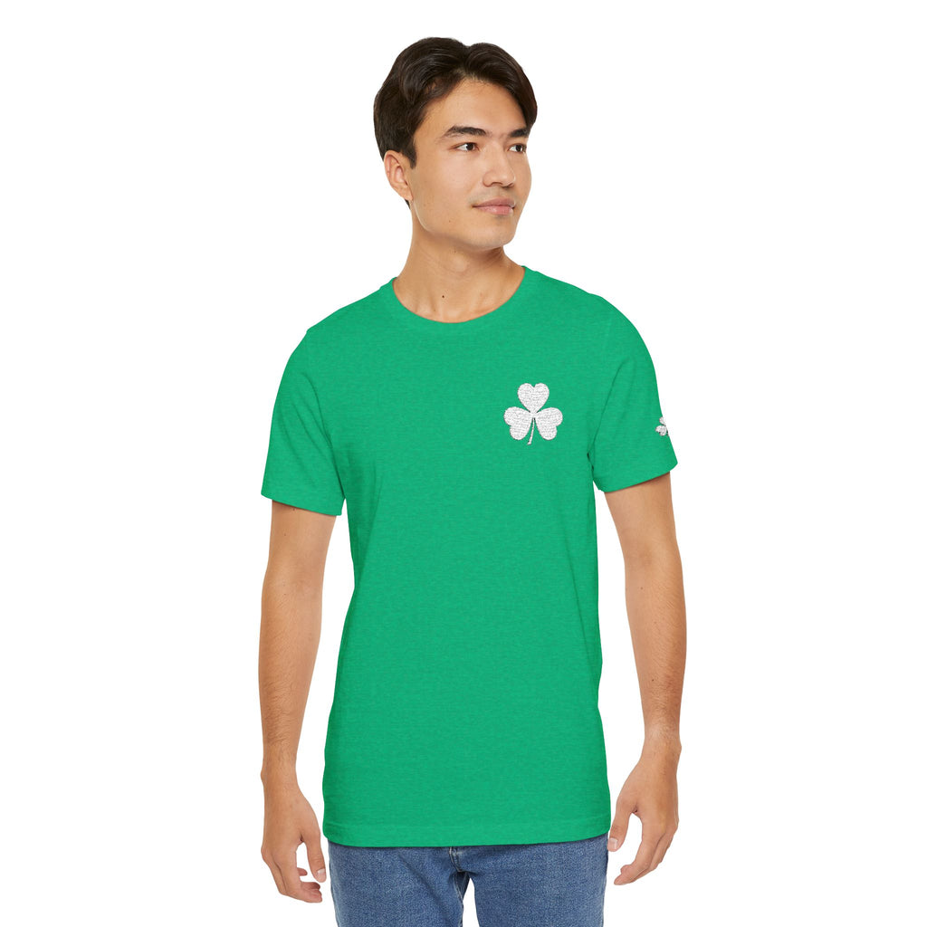 Embroidered Shamrock Pocket Tee — Distressed Lucky Clover T-Shirt