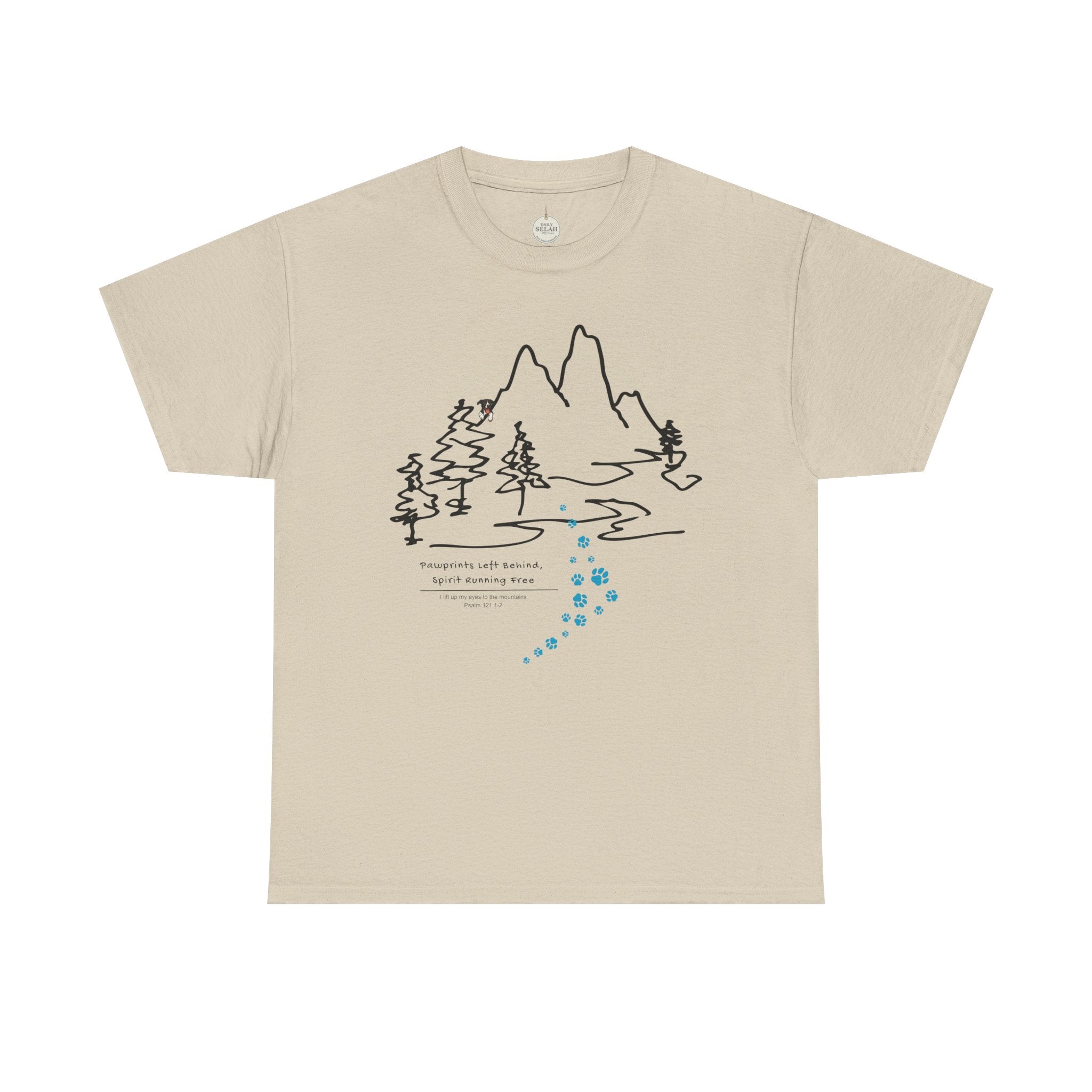 Rainbow Bridge T‑Shirt — Minimal Line Art Nature Tee with 'Follow the Dog Prints' Design Psalms 121