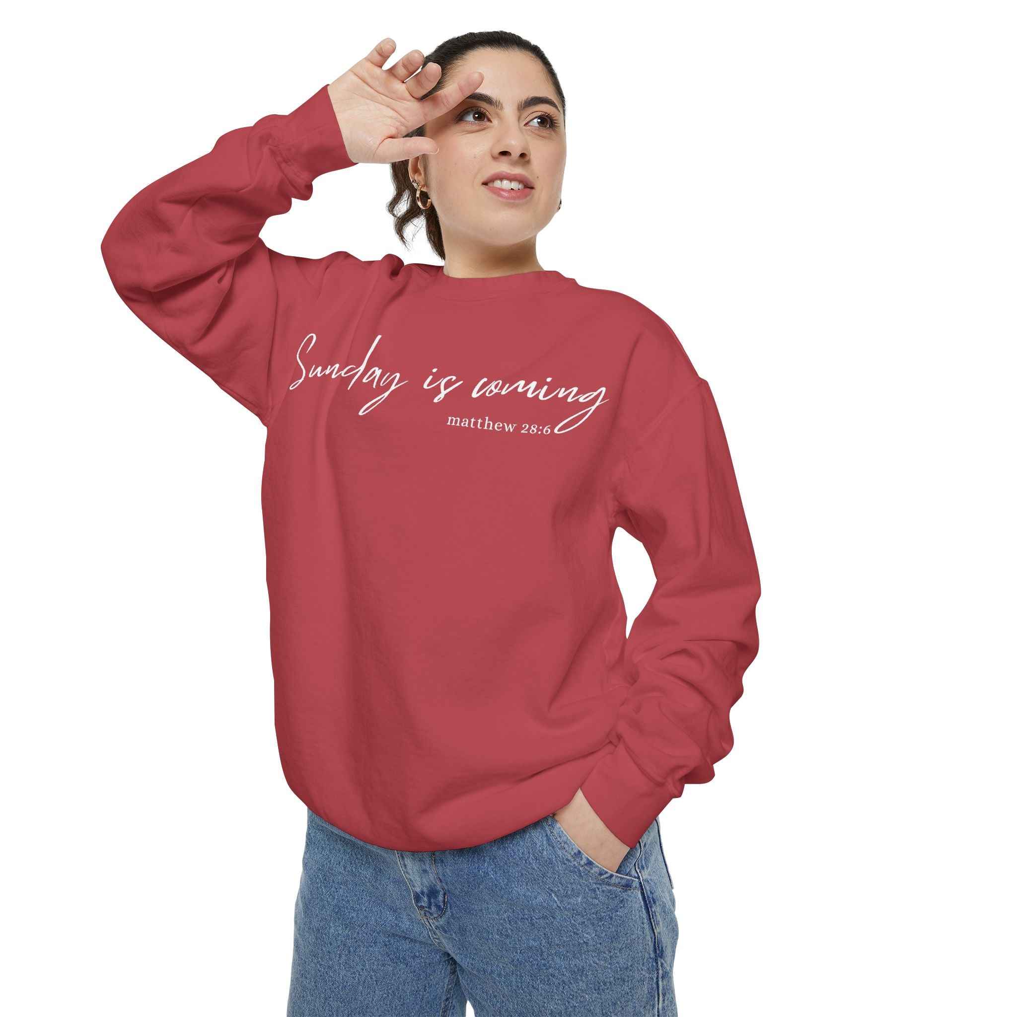 Sunday Is Coming Easter Sweatshirt — Inspirational Script Crewneck  - Scripture Matthew 28:6