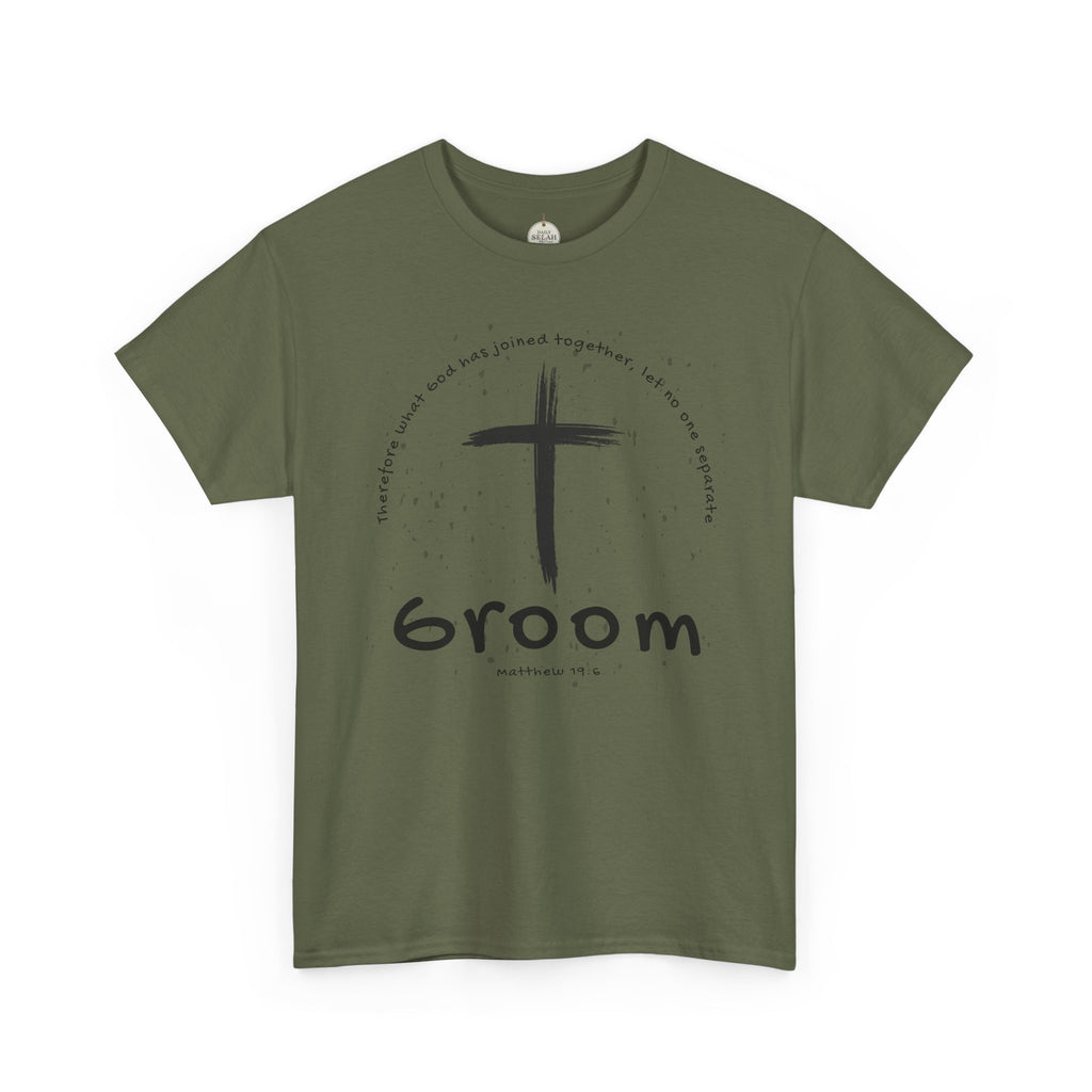 Groom Cross Tee — Christian Wedding Groom T-Shirt (Scripture Verse Design) - Christian - Matthew 19:6