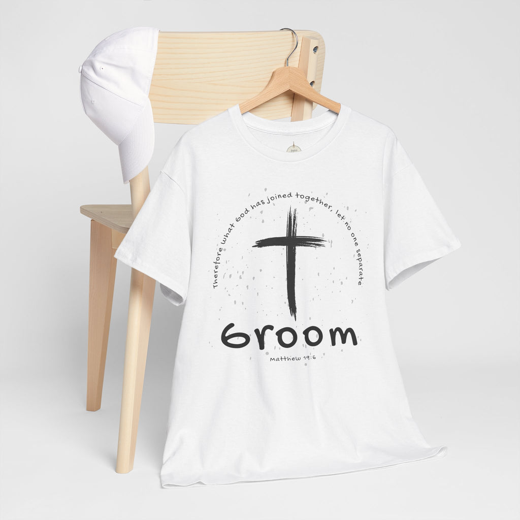 Groom Cross Tee — Christian Wedding Groom T-Shirt (Scripture Verse Design) - Christian - Matthew 19:6