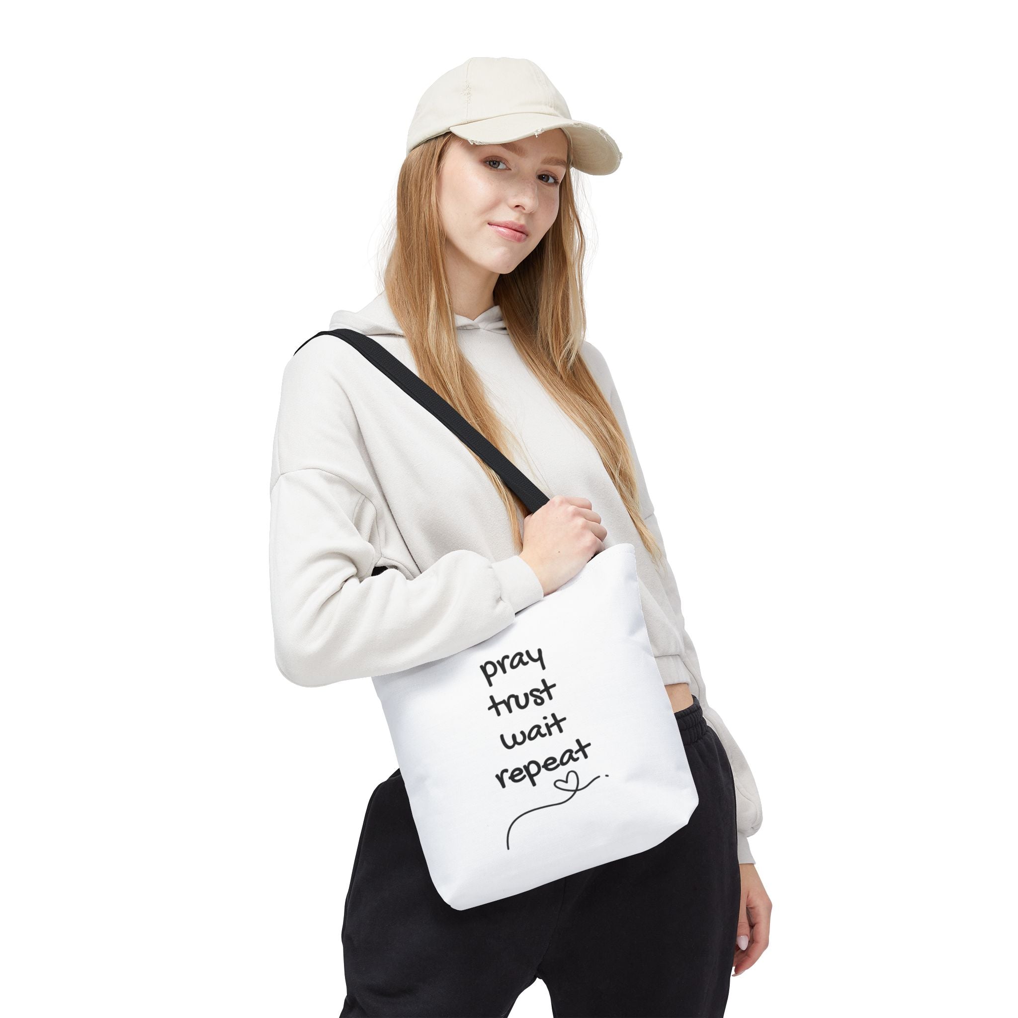 Pray Trust Wait Repeat Tote Bag — Inspirational Faith Canvas Tote