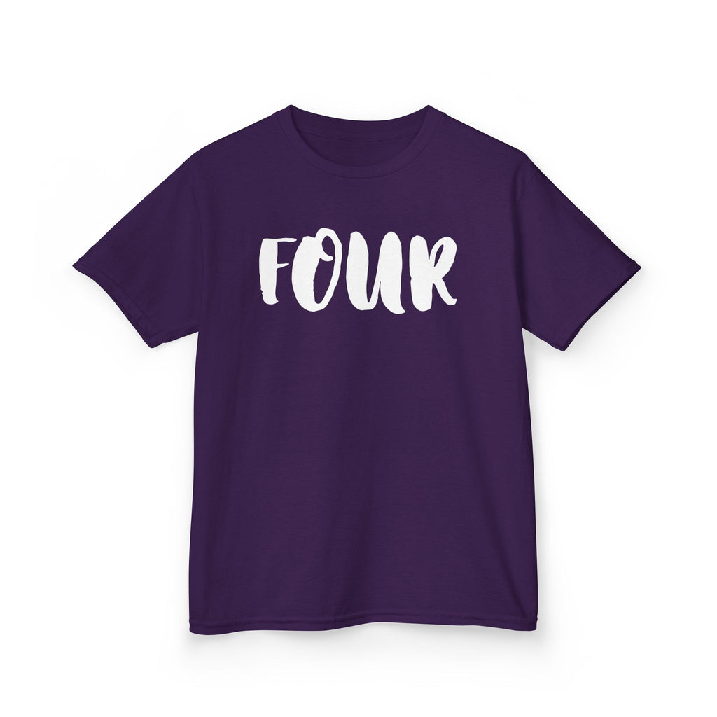 Kids 'Four' Birthday T‑Shirt — Fun Script Number Tee for 4-Year-Olds