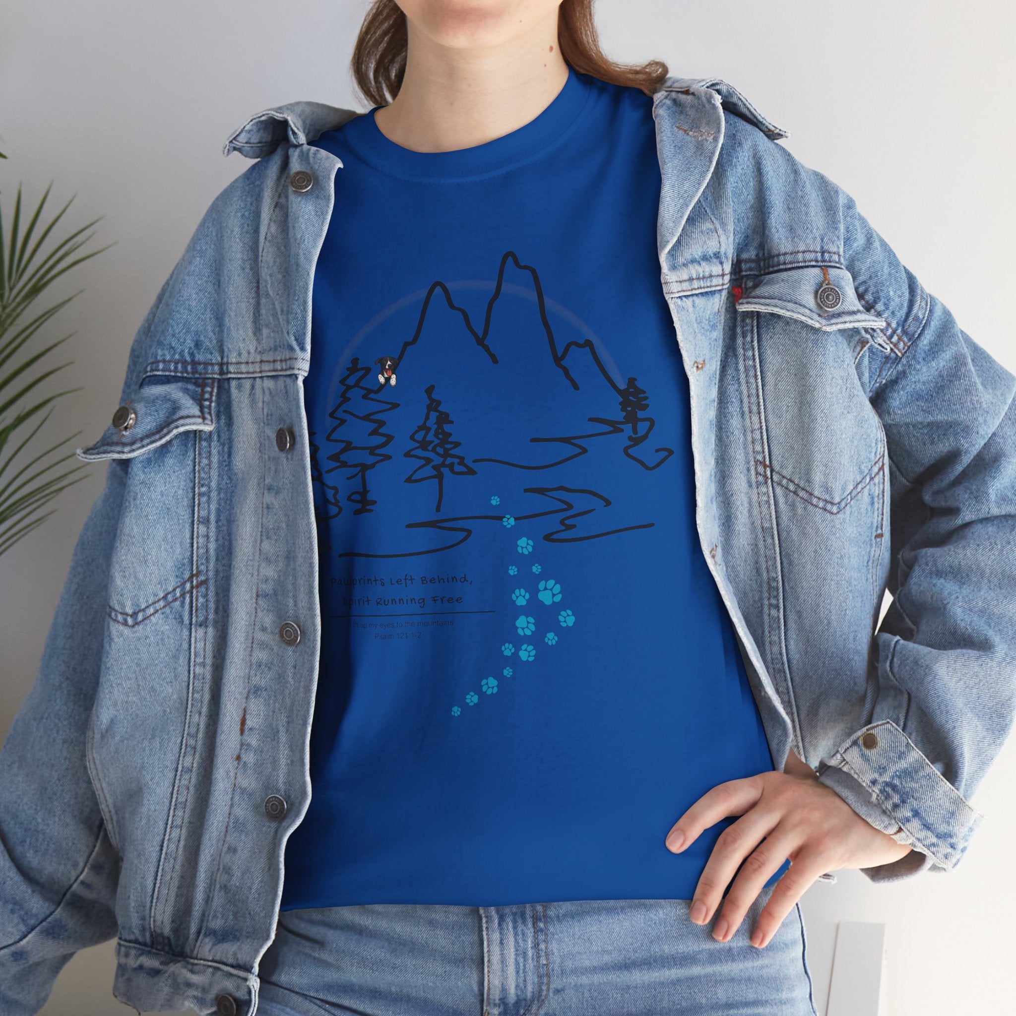Rainbow Bridge T‑Shirt — Minimal Line Art Nature Tee with 'Follow the Dog Prints' Design Psalms 121