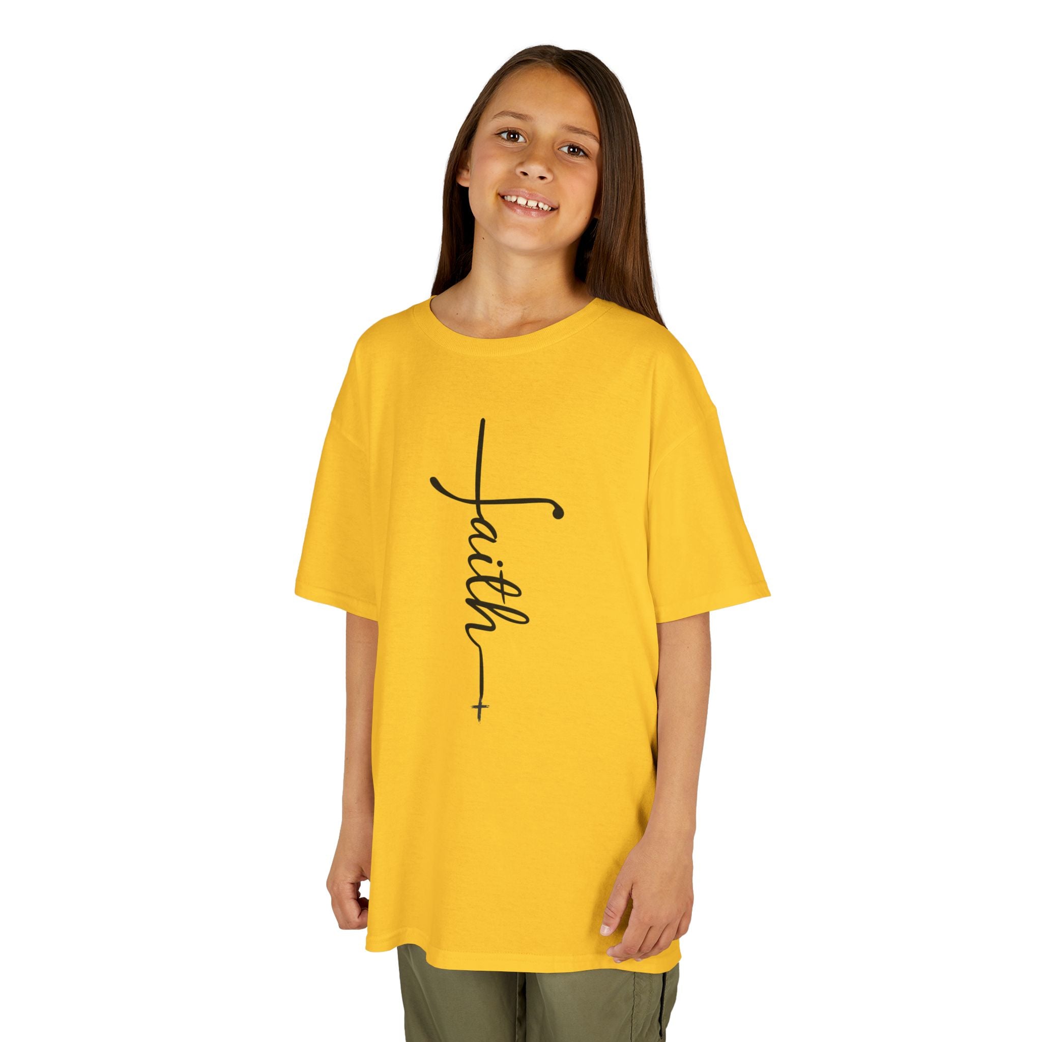 Kids Tee — Vertical "faith" Cross Script Graphic