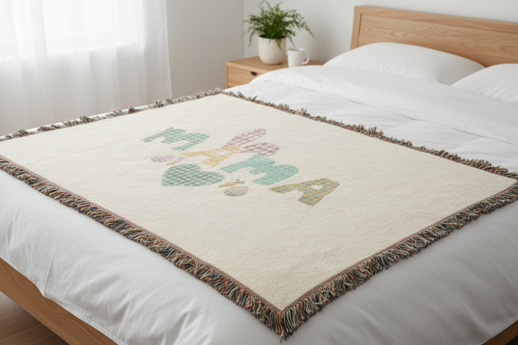 Mama Patchwork Woven Blanket — Cozy Mother's Day Throw with Heart & Floral Plaid Design
