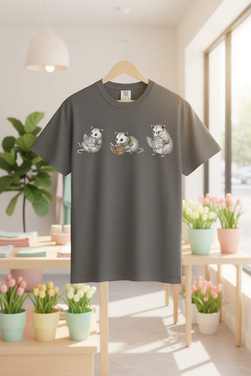 Reading Possum T-Shirt — Cute Trio Illustration Tee