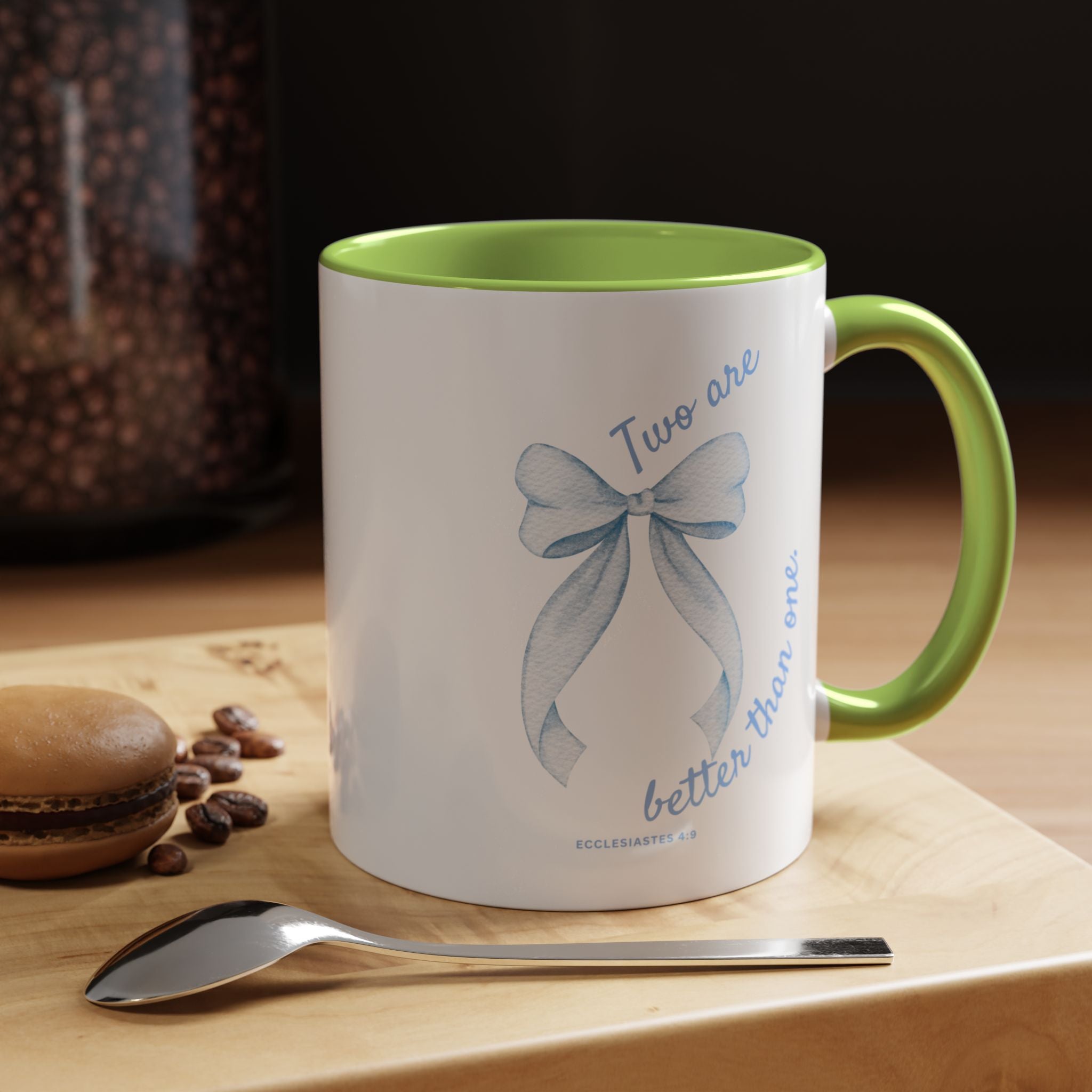 Accent Coffee Mug - "Two are better than one" Blue Ribbon Ceramic Mug Christian Wedding
