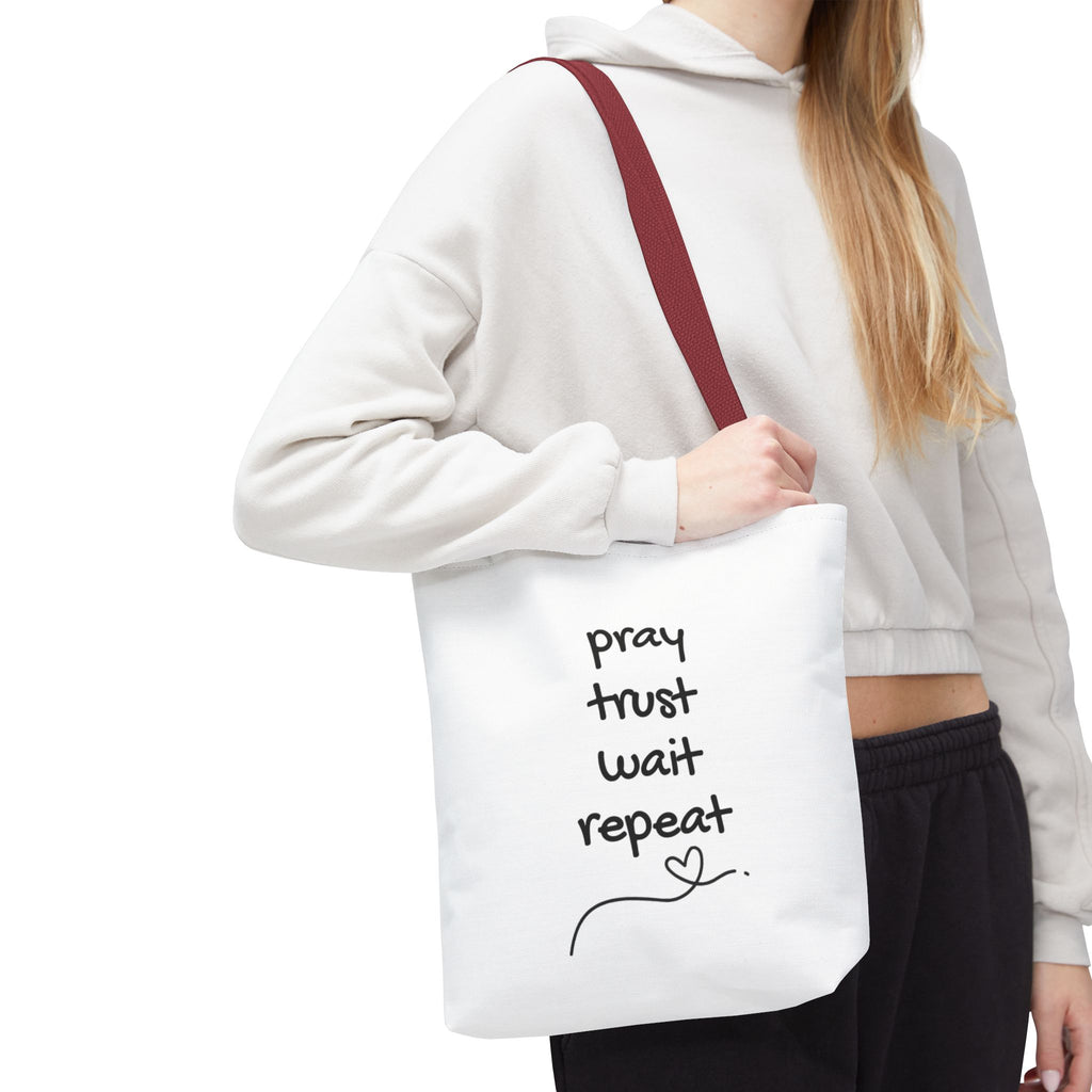 Pray Trust Wait Repeat Tote Bag — Inspirational Faith Canvas Tote