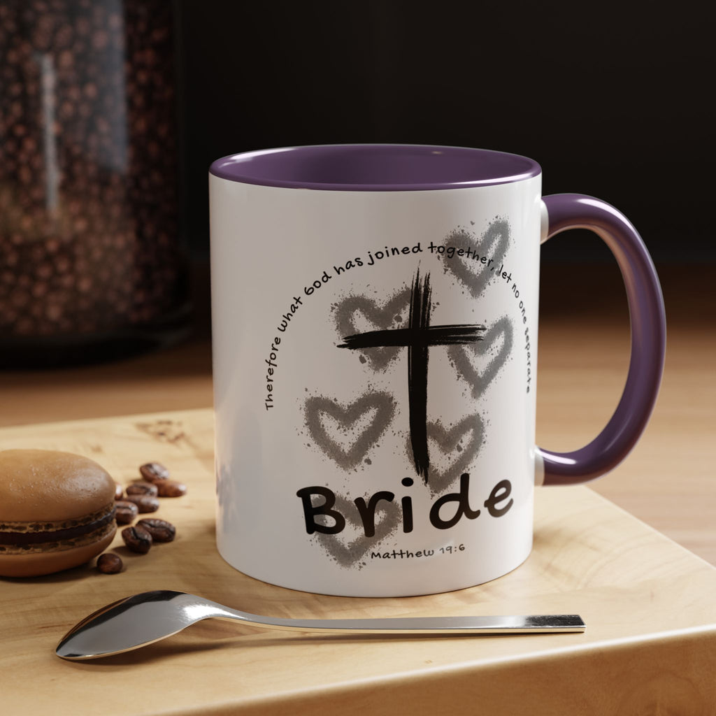 Bride Coffee Mug — Christian Cross & Hearts Accent Mug (Matthew 19:6)