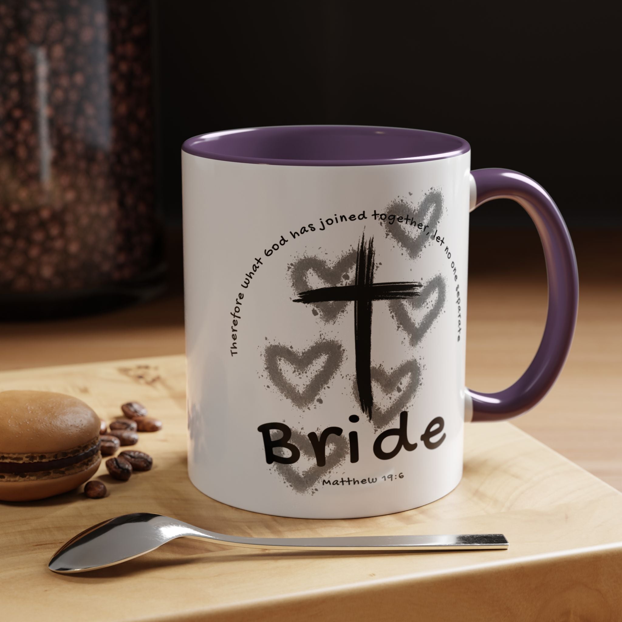 Bride Coffee Mug — Christian Cross & Hearts Accent Mug (Matthew 19:6)