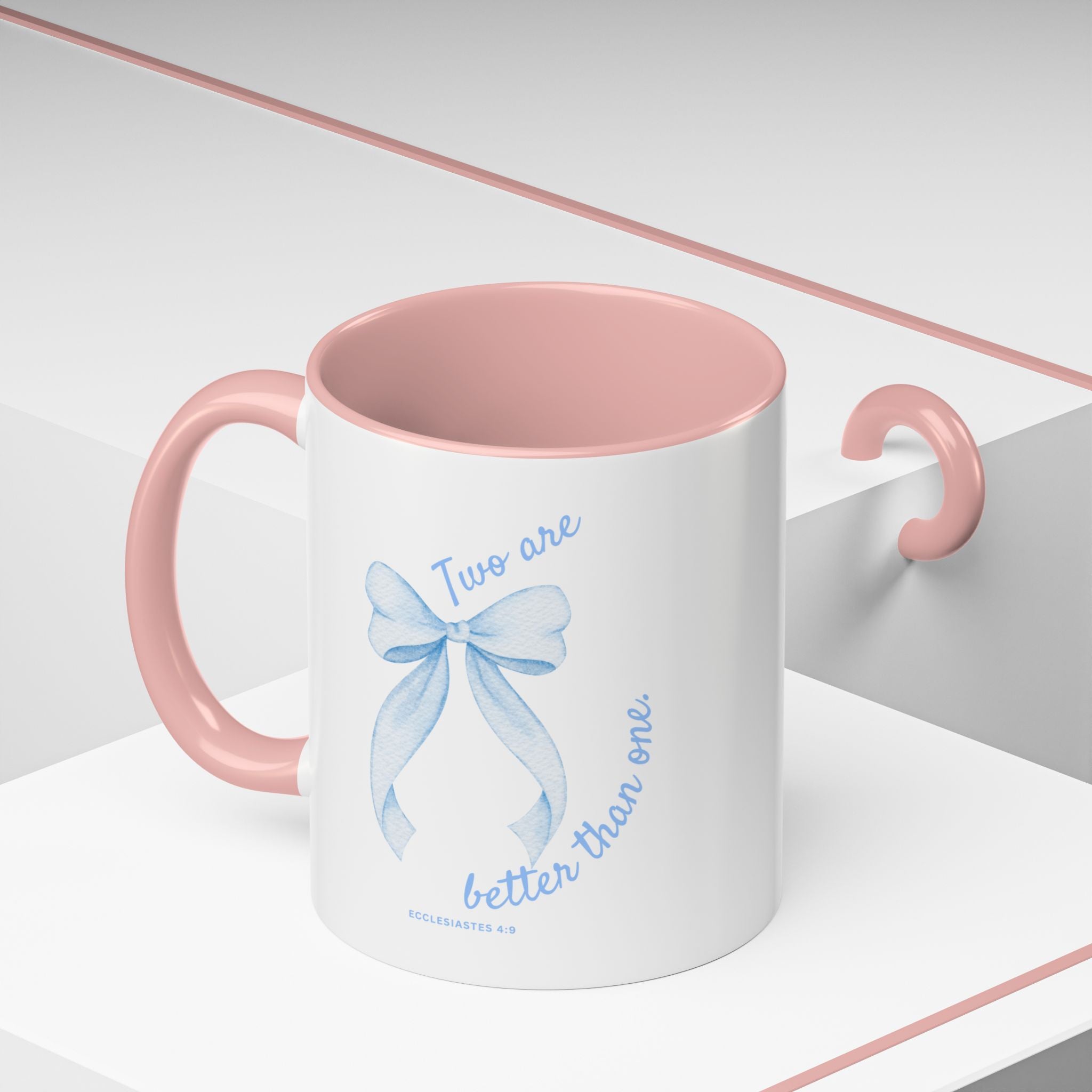 Accent Coffee Mug - "Two are better than one" Blue Ribbon Ceramic Mug Christian Wedding