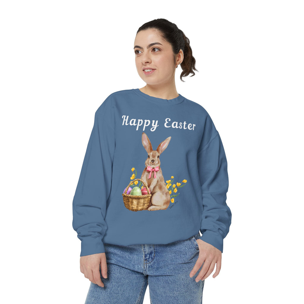 Easter Bunny Sweatshirt - Happy Easter Bunny with Basket Design (Luke 24:6)