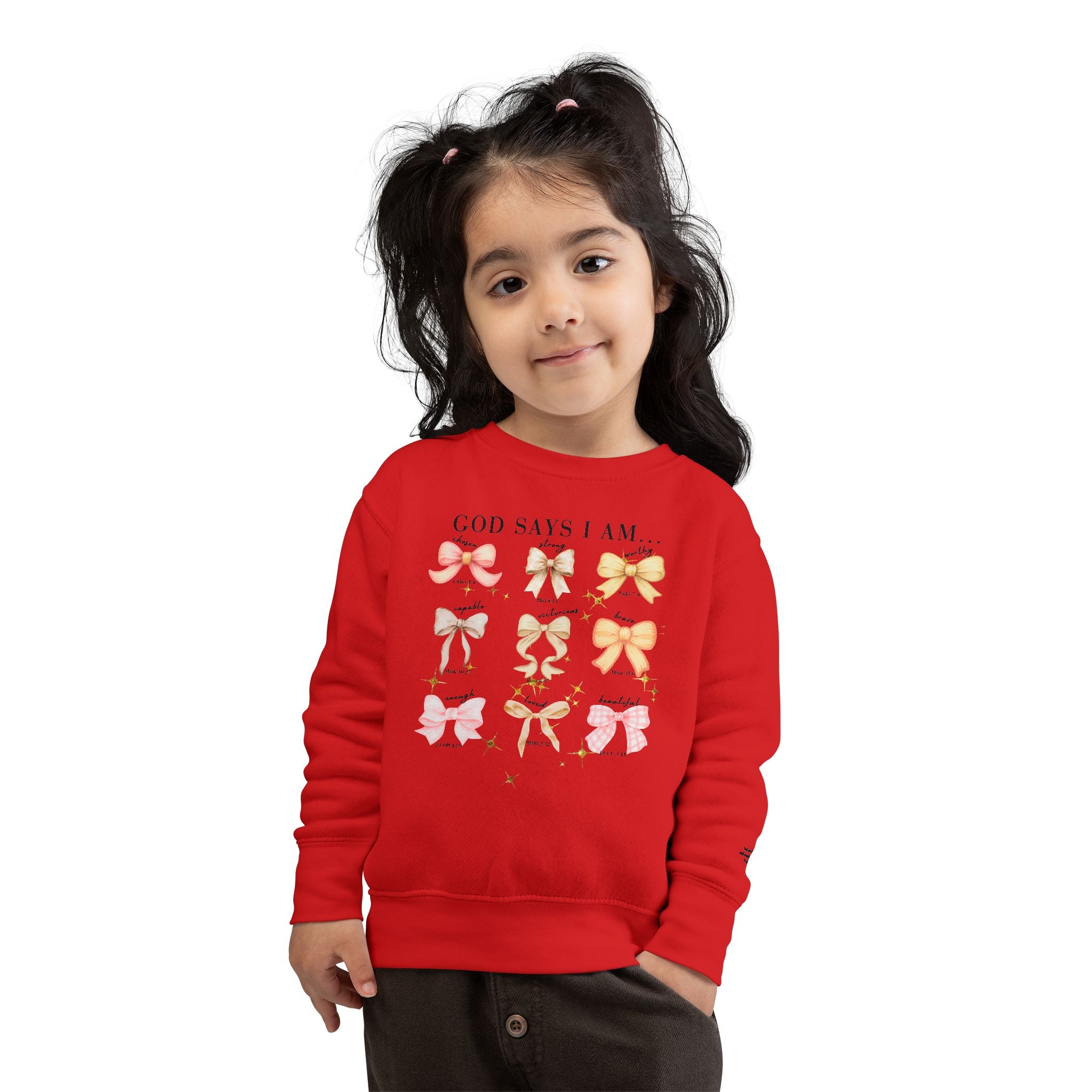 Toddler Sweatshirt — "God Says I Am" Bows Inspirational Kids Pullover