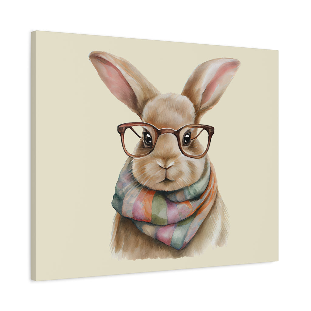 Hipster Bunny Canvas Art – Bunny with Glasses & Colorful Scarf Matte Stretched Wall Decor