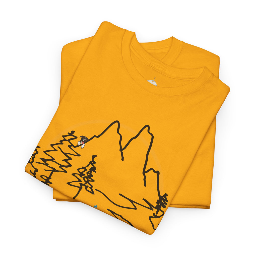 Rainbow Bridge T‑Shirt — Minimal Line Art Nature Tee with 'Follow the Dog Prints' Design Psalms 121