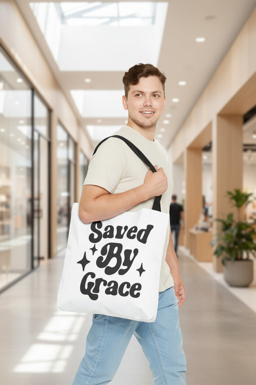 Saved By Grace Tote Bag — Christian Faith Statement Canvas Tote