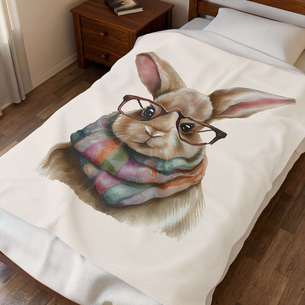 Cute Bunny with Glasses Velveteen Plush Blanket – Cozy Rabbit Scarf Throw