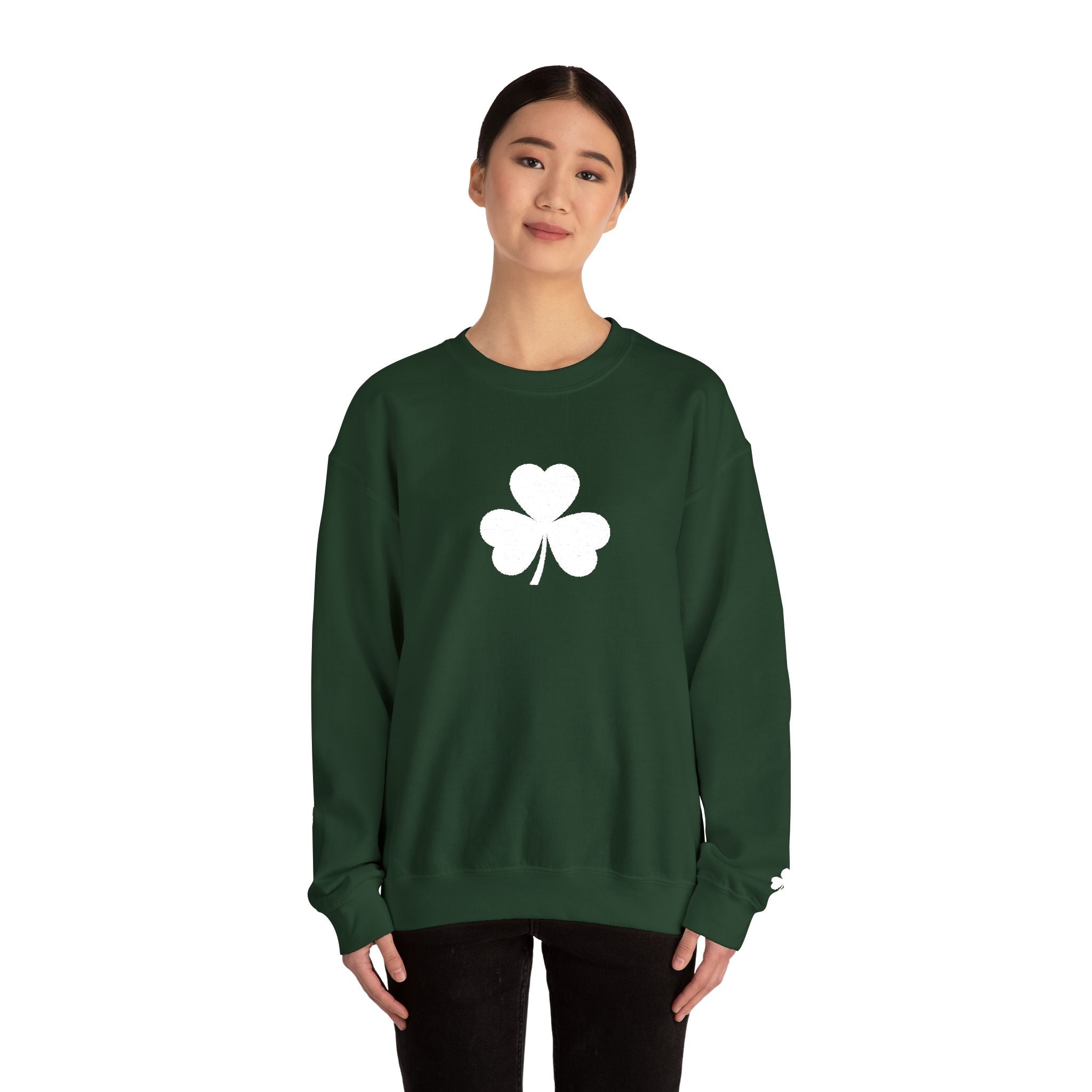 Embroidered Shamrock Crewneck Sweatshirt — Simple White Clover St. Patrick’s Day Pullover