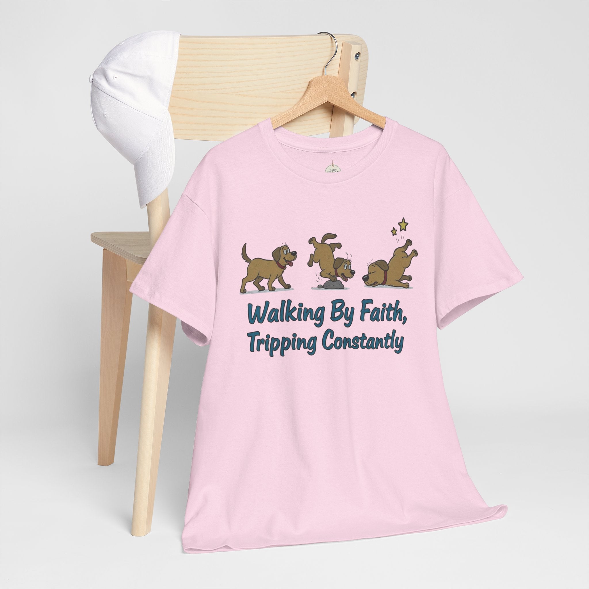 Faith Dog T-Shirt — "Walking By Faith, Tripping Constantly" Cute Christian Tee