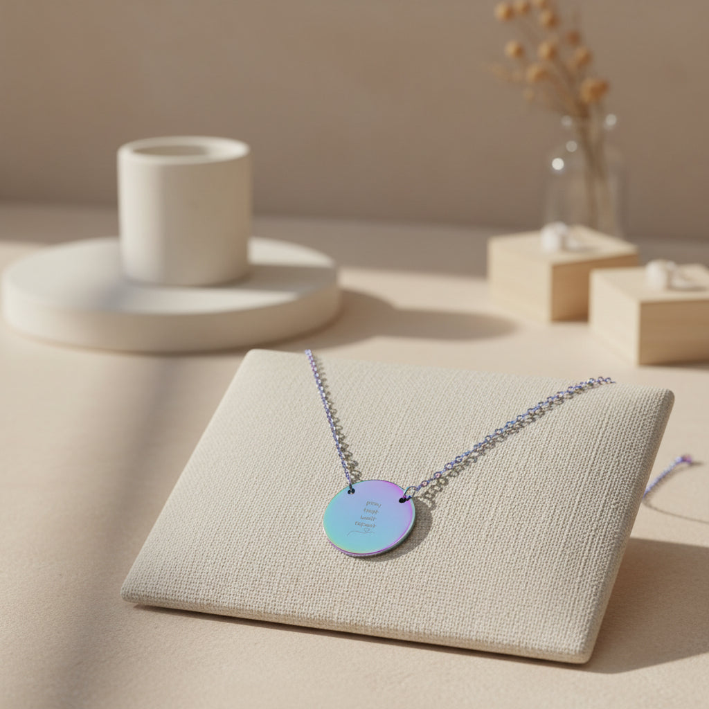 Pray, Trust, Wait, Repeat Circle Christian Necklace — Minimalist Disc Pendant