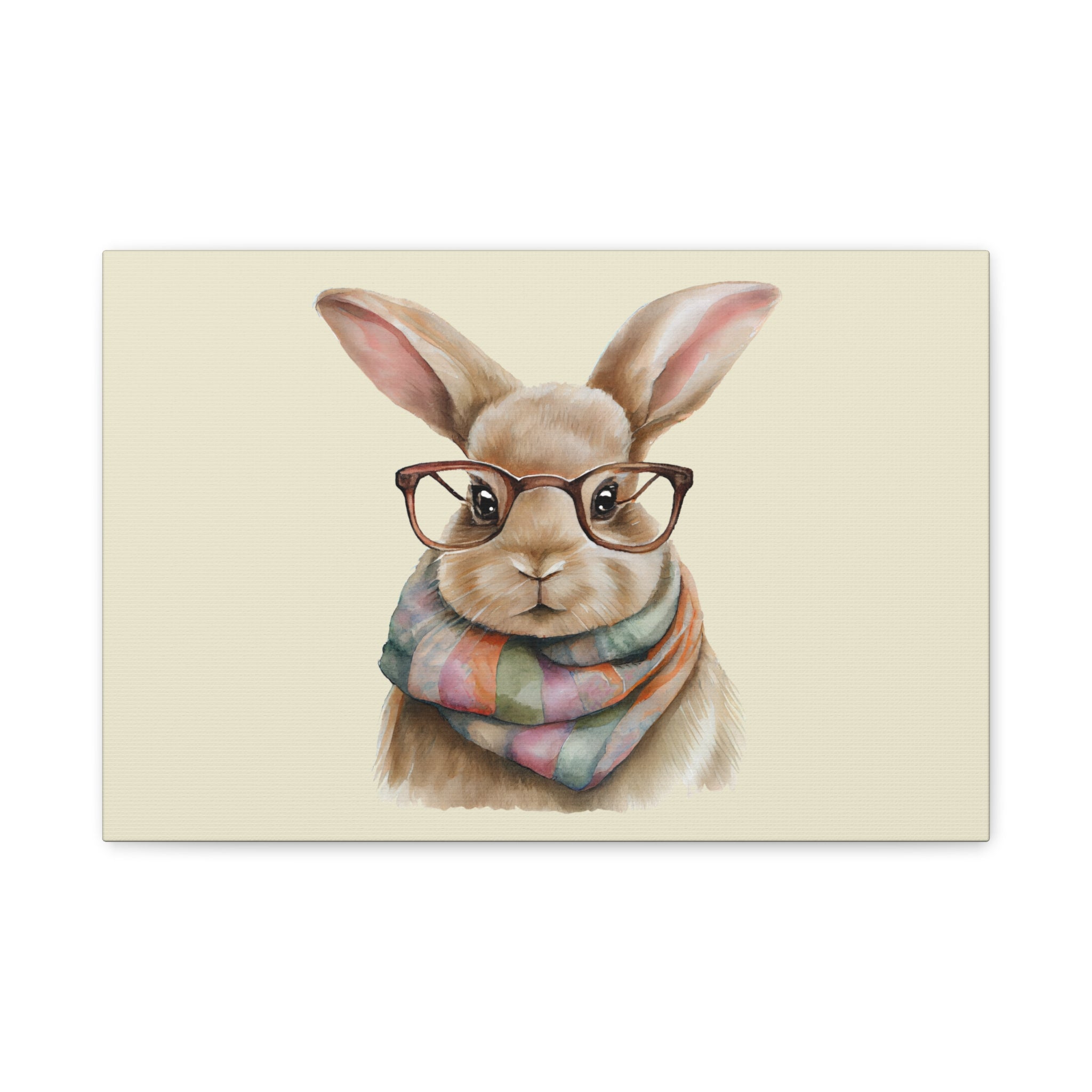 Hipster Bunny Canvas Art – Bunny with Glasses & Colorful Scarf Matte Stretched Wall Decor