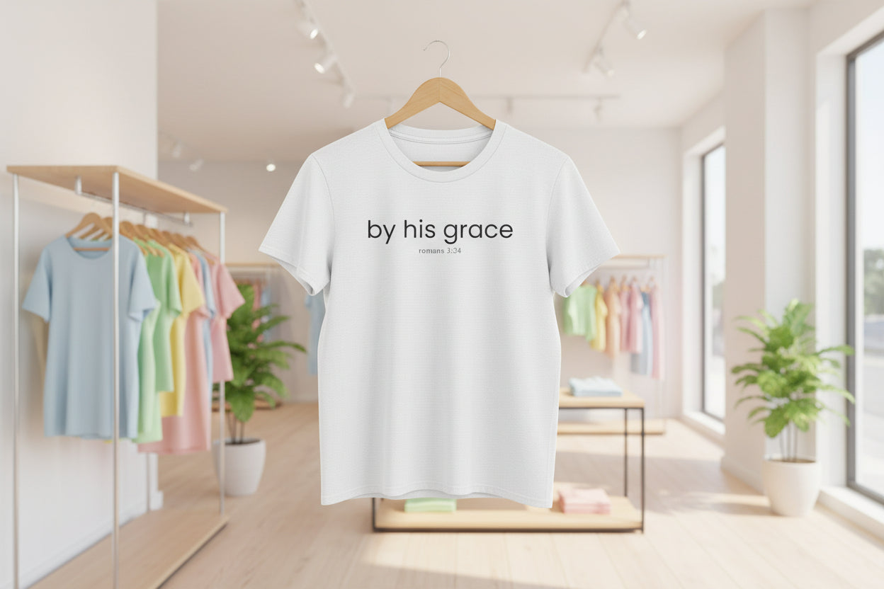 T-Shirt — "by his grace" Christian Scripture Tee (Romans 3:24)