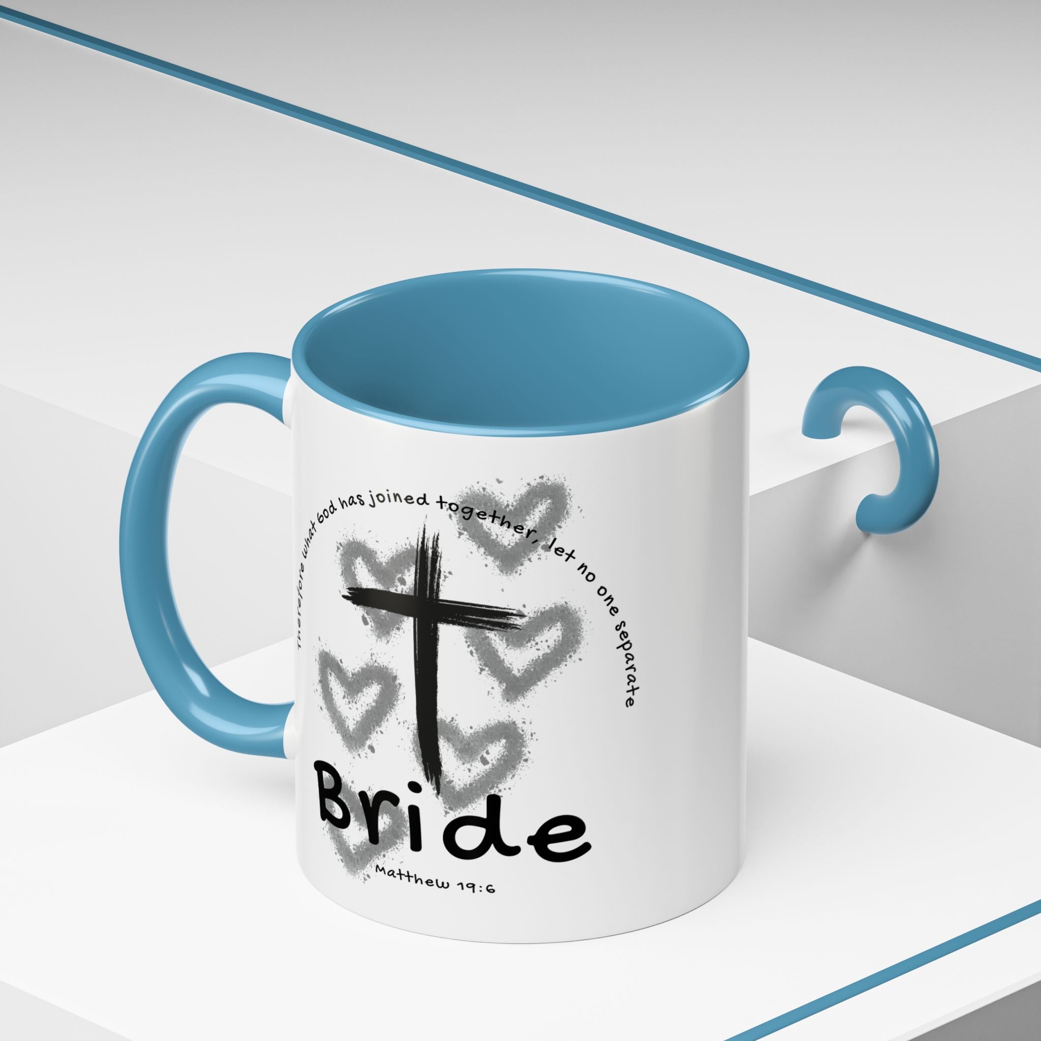 Bride Coffee Mug — Christian Cross & Hearts Accent Mug (Matthew 19:6)