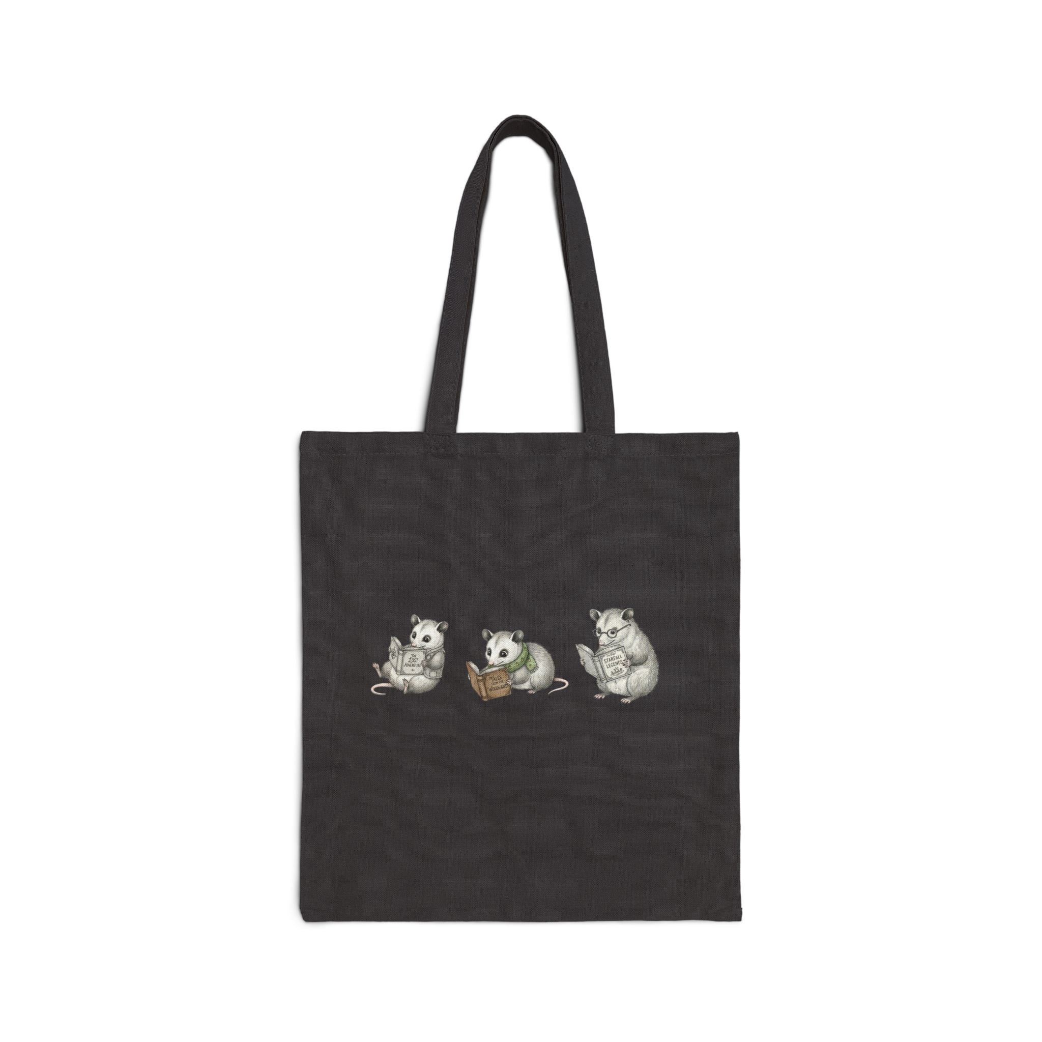 Possum Reading Trio Canvas Tote Bag — Cute Woodland Possum Booklover Grocery Bag