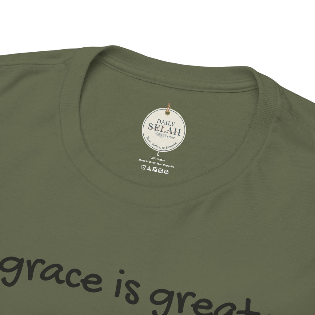 Christian T‑Shirt — "His grace is greater than your past." (Romans 5:20)