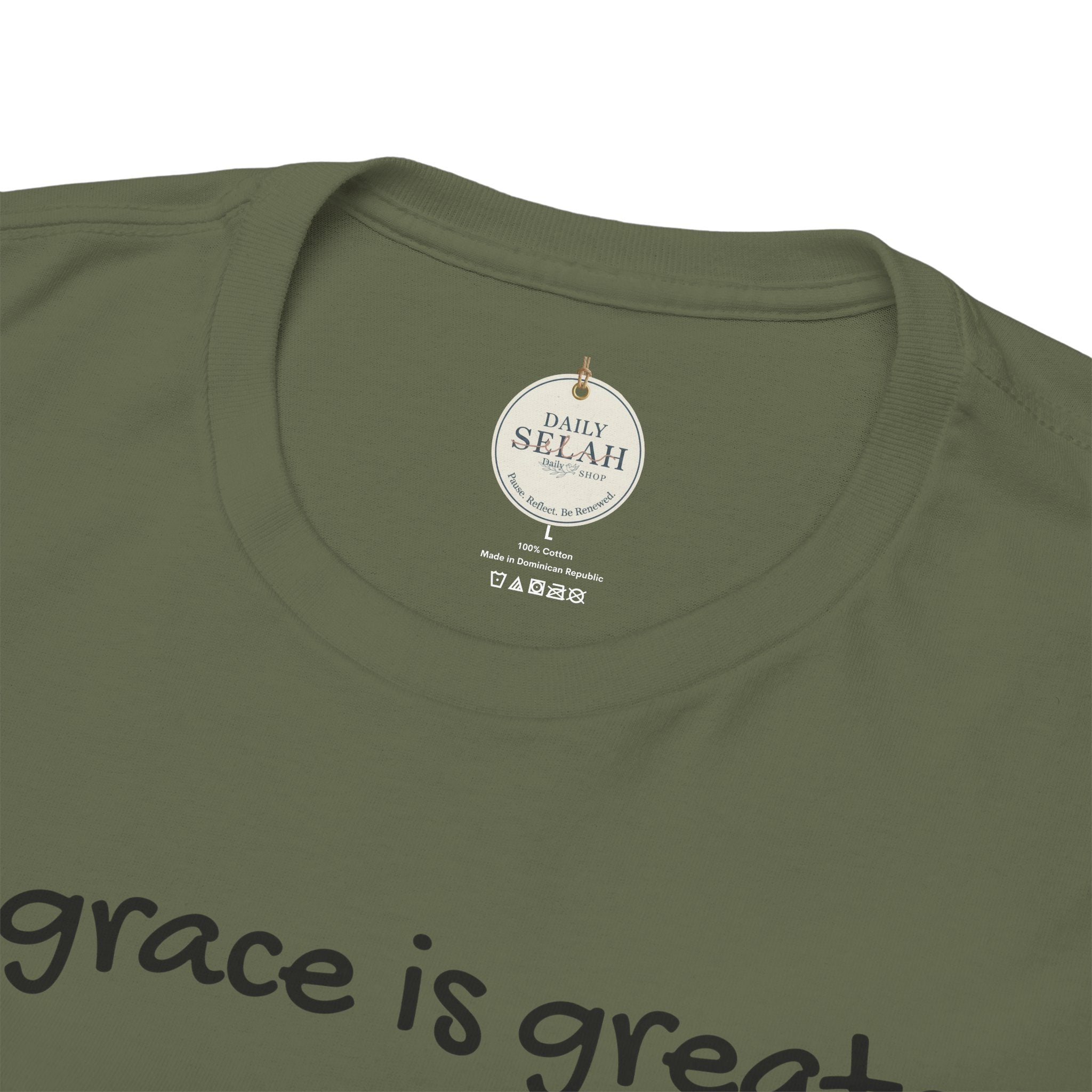 Christian T‑Shirt — "His grace is greater than your past." (Romans 5:20)