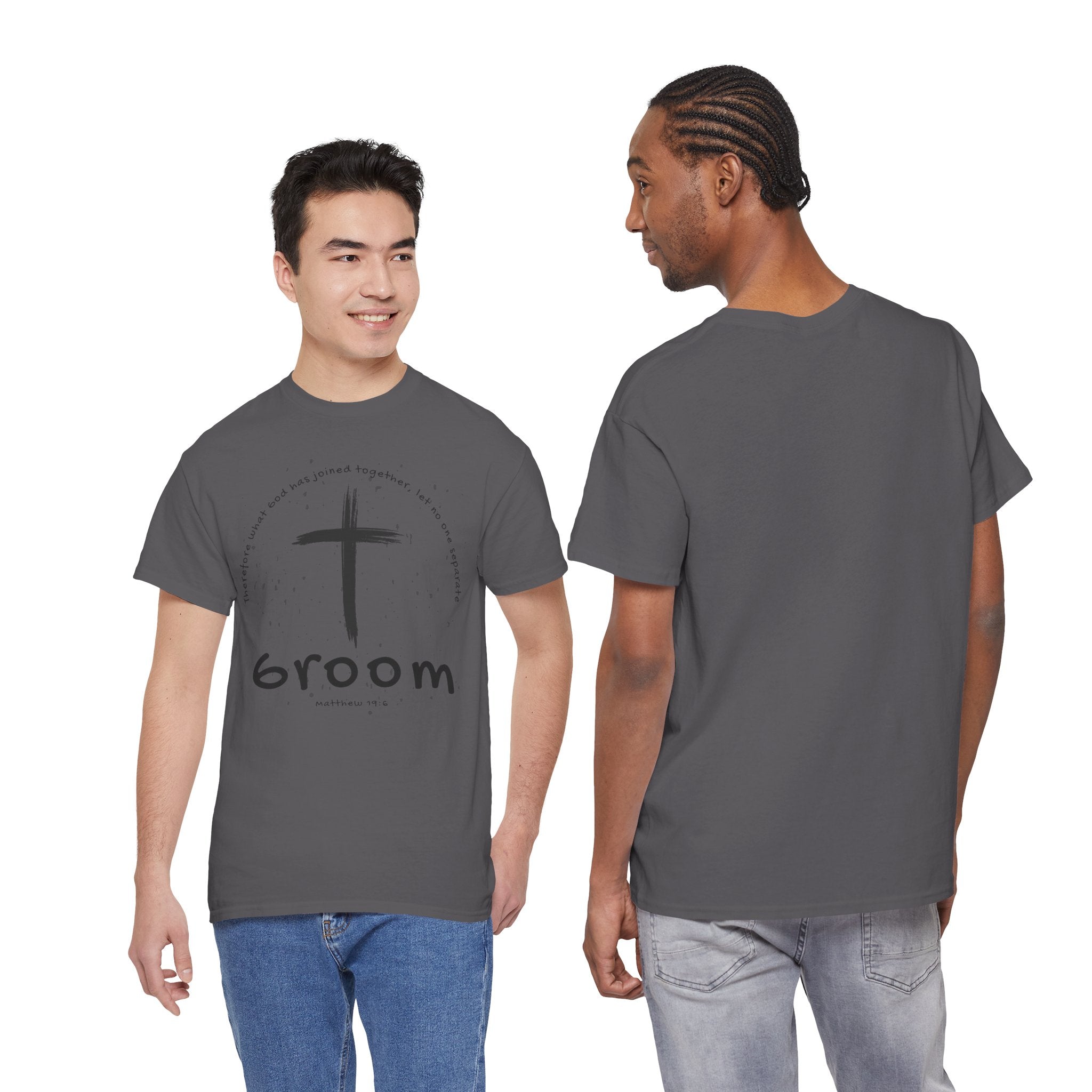 Groom Cross Tee — Christian Wedding Groom T-Shirt (Scripture Verse Design) - Christian - Matthew 19:6