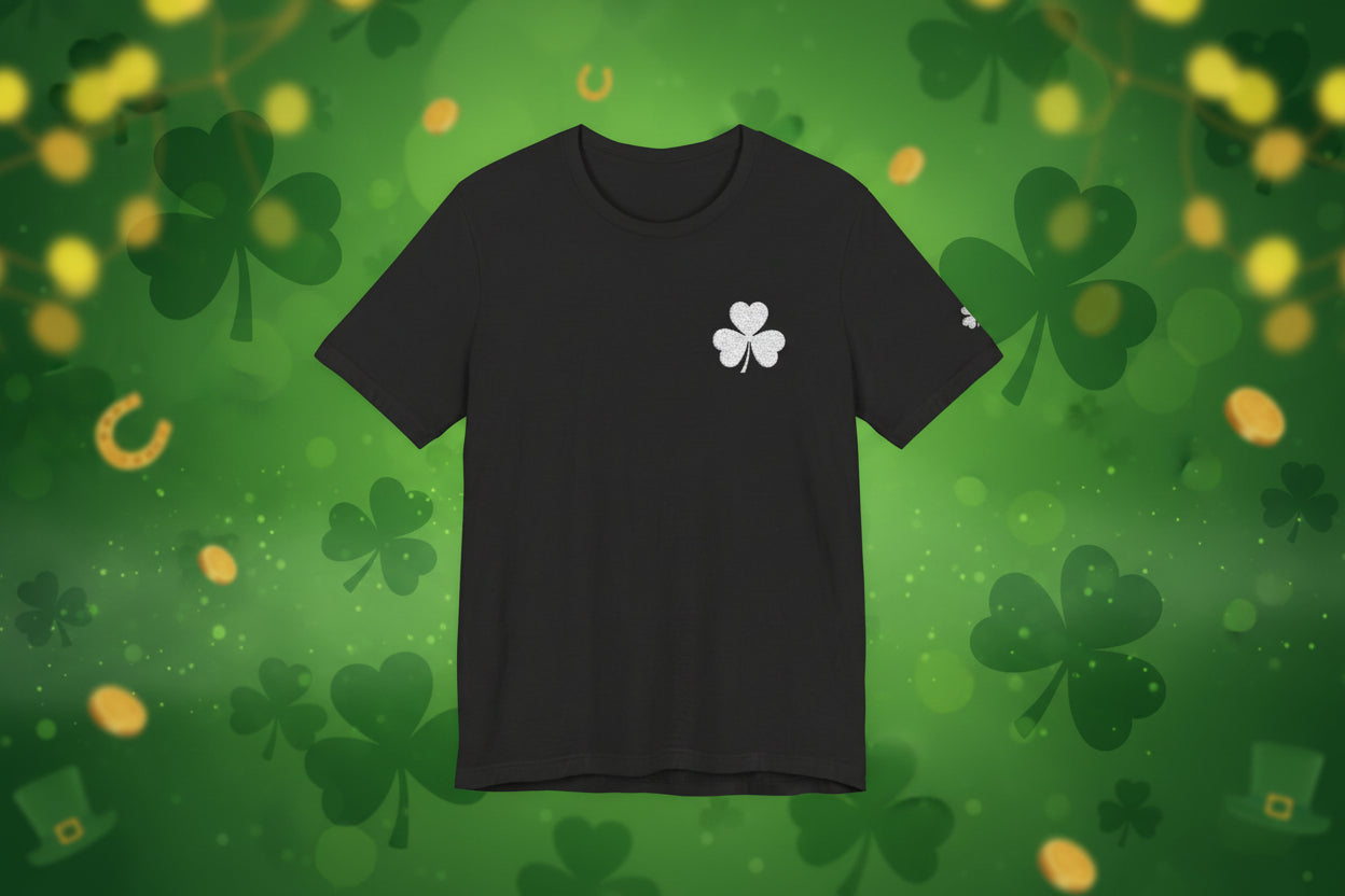 Embroidered Shamrock Pocket Tee — Distressed Lucky Clover T-Shirt