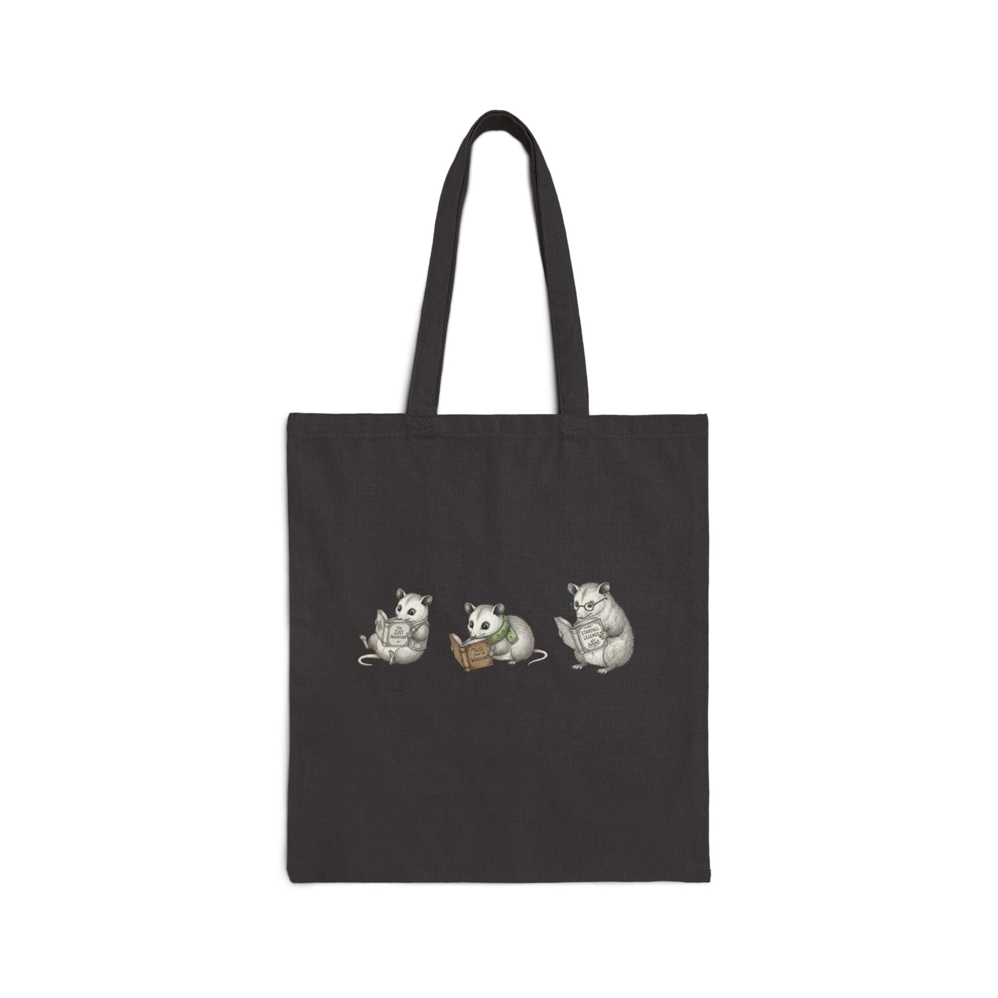 Possum Reading Trio Canvas Tote Bag — Cute Woodland Possum Booklover Grocery Bag