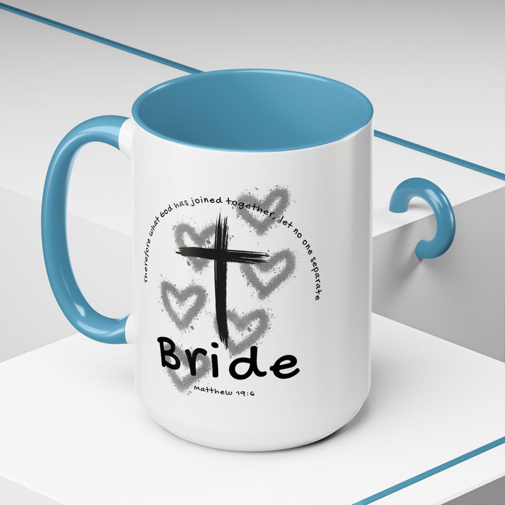 Bride Coffee Mug — Christian Cross & Hearts Accent Mug (Matthew 19:6)