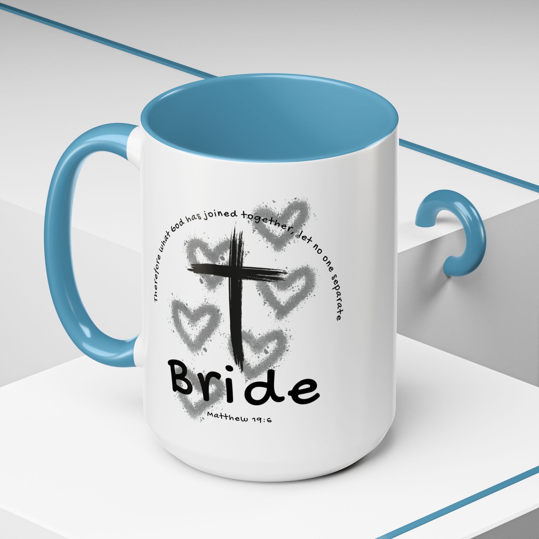 Bride Coffee Mug — Christian Cross & Hearts Accent Mug (Matthew 19:6)