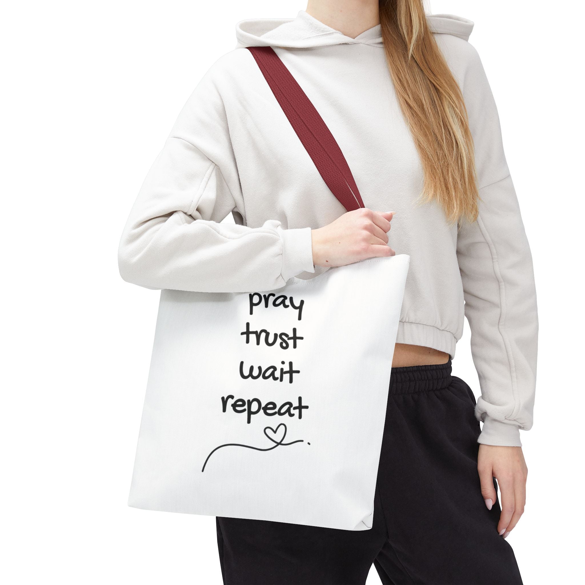 Pray Trust Wait Repeat Tote Bag — Inspirational Faith Canvas Tote