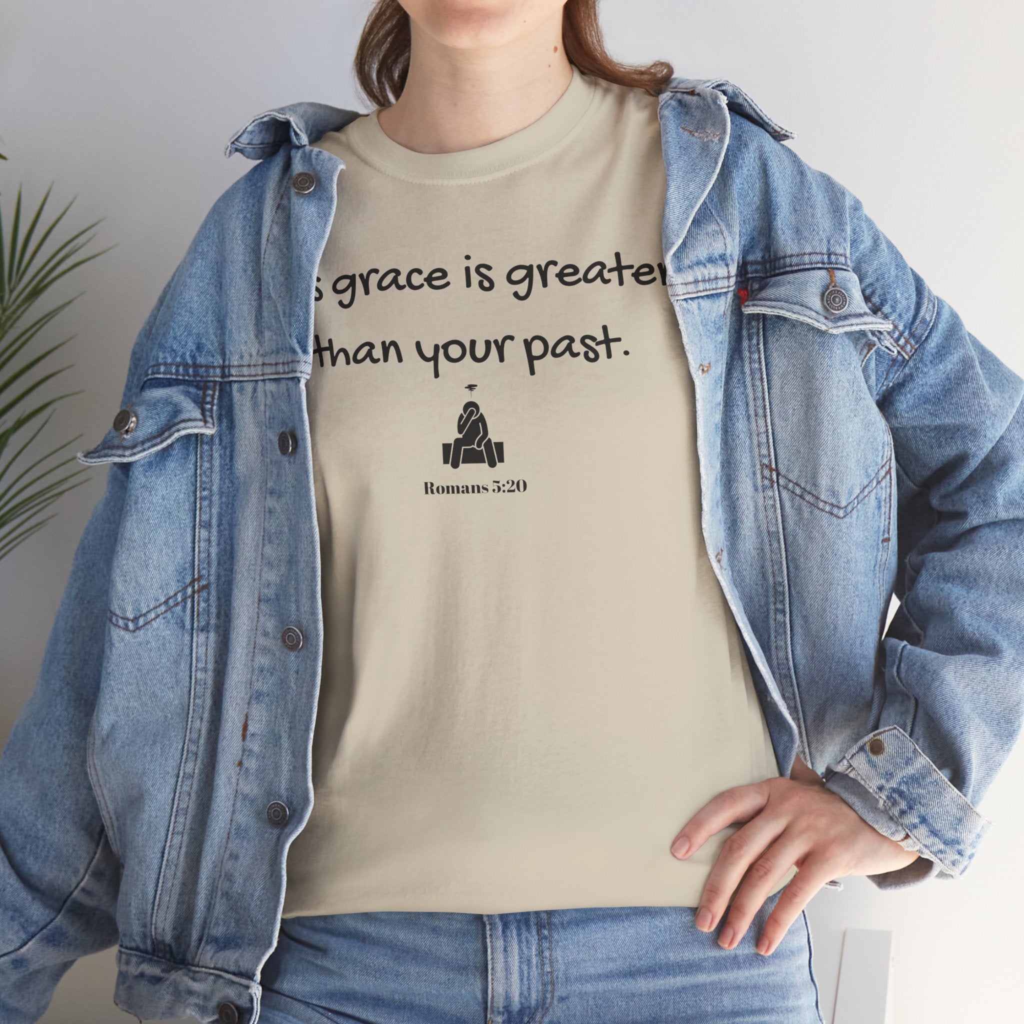 Christian T‑Shirt — "His grace is greater than your past." (Romans 5:20)