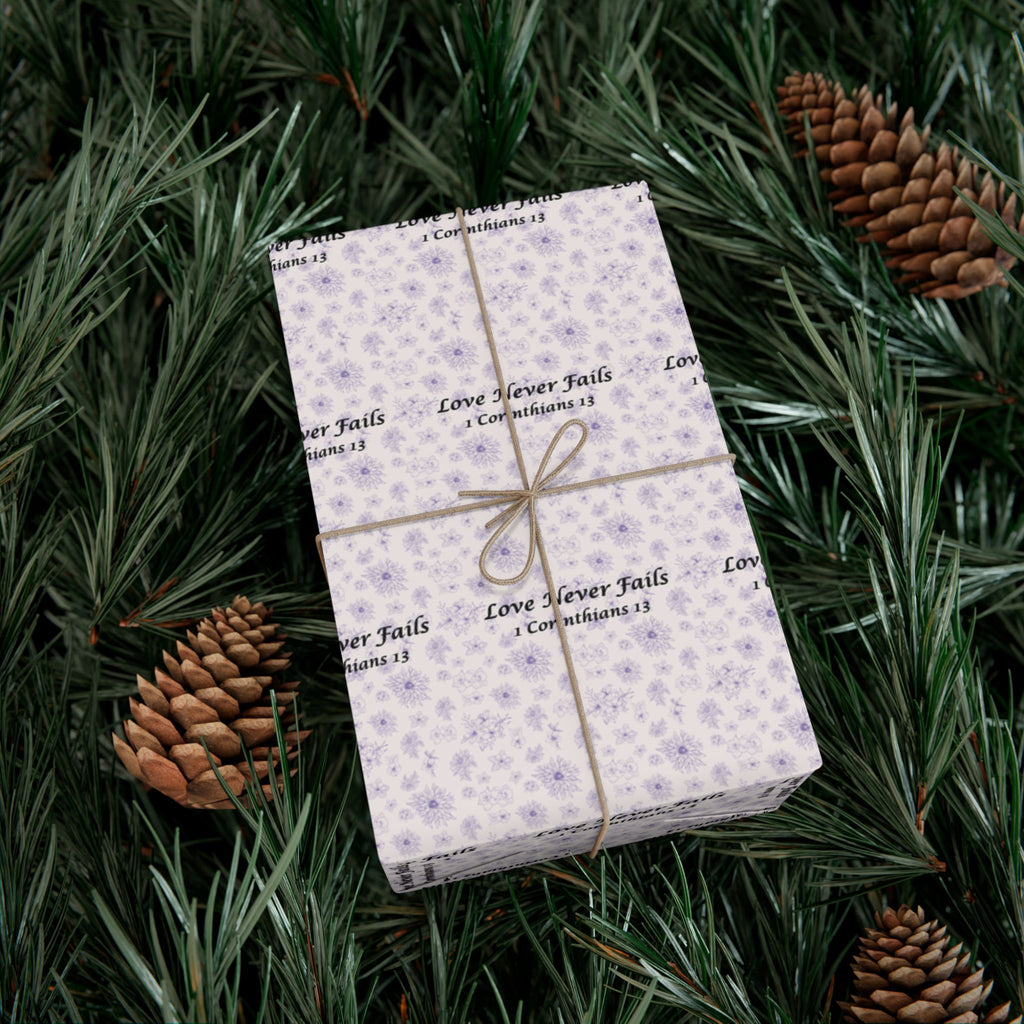 Floral "Love Never Fails" Gift Wrap Paper — Lavender Christian Wrapping Sheets