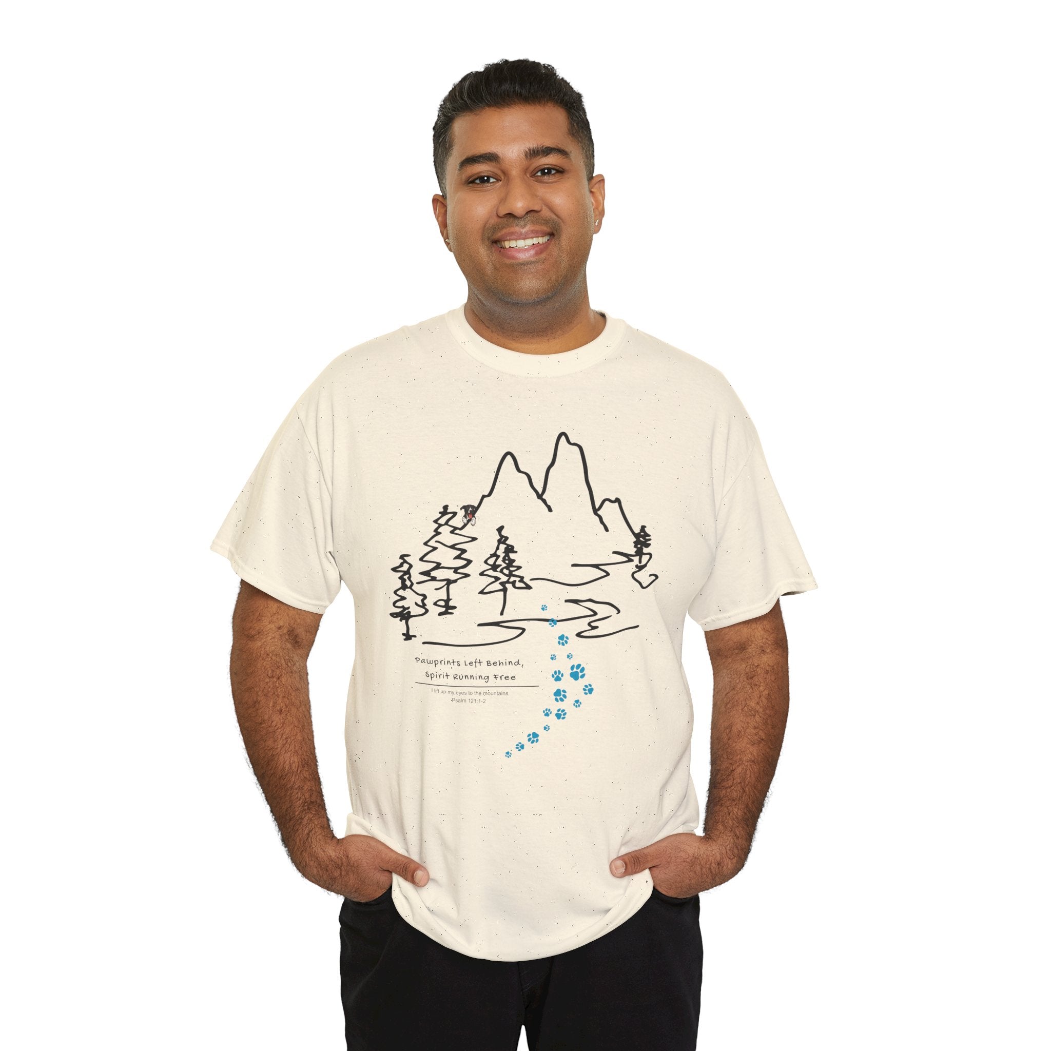 Rainbow Bridge T‑Shirt — Minimal Line Art Nature Tee with 'Follow the Dog Prints' Design Psalms 121