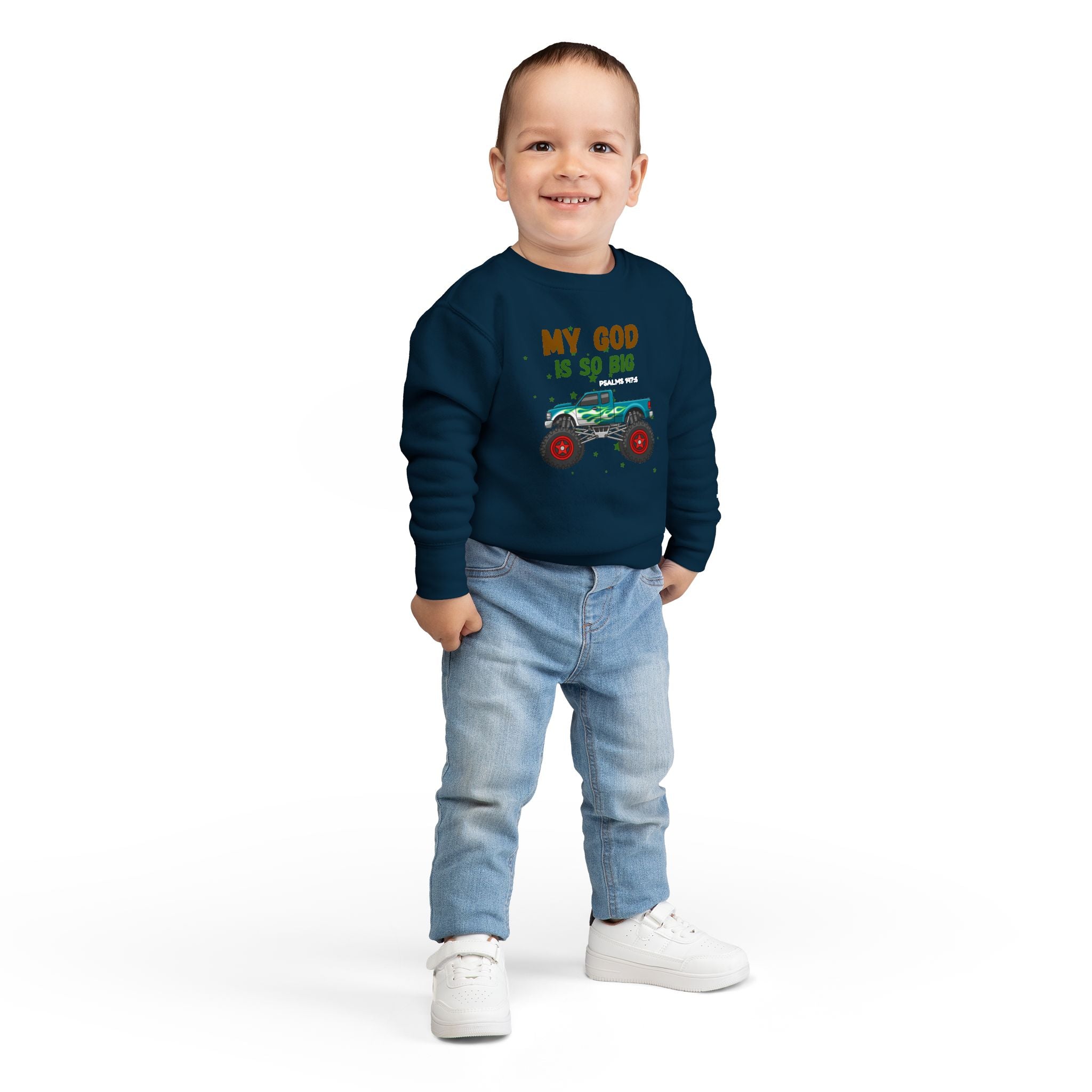 Toddler Sweatshirt — "My God Is So Big" Monster Truck Christian Kids Crewneck