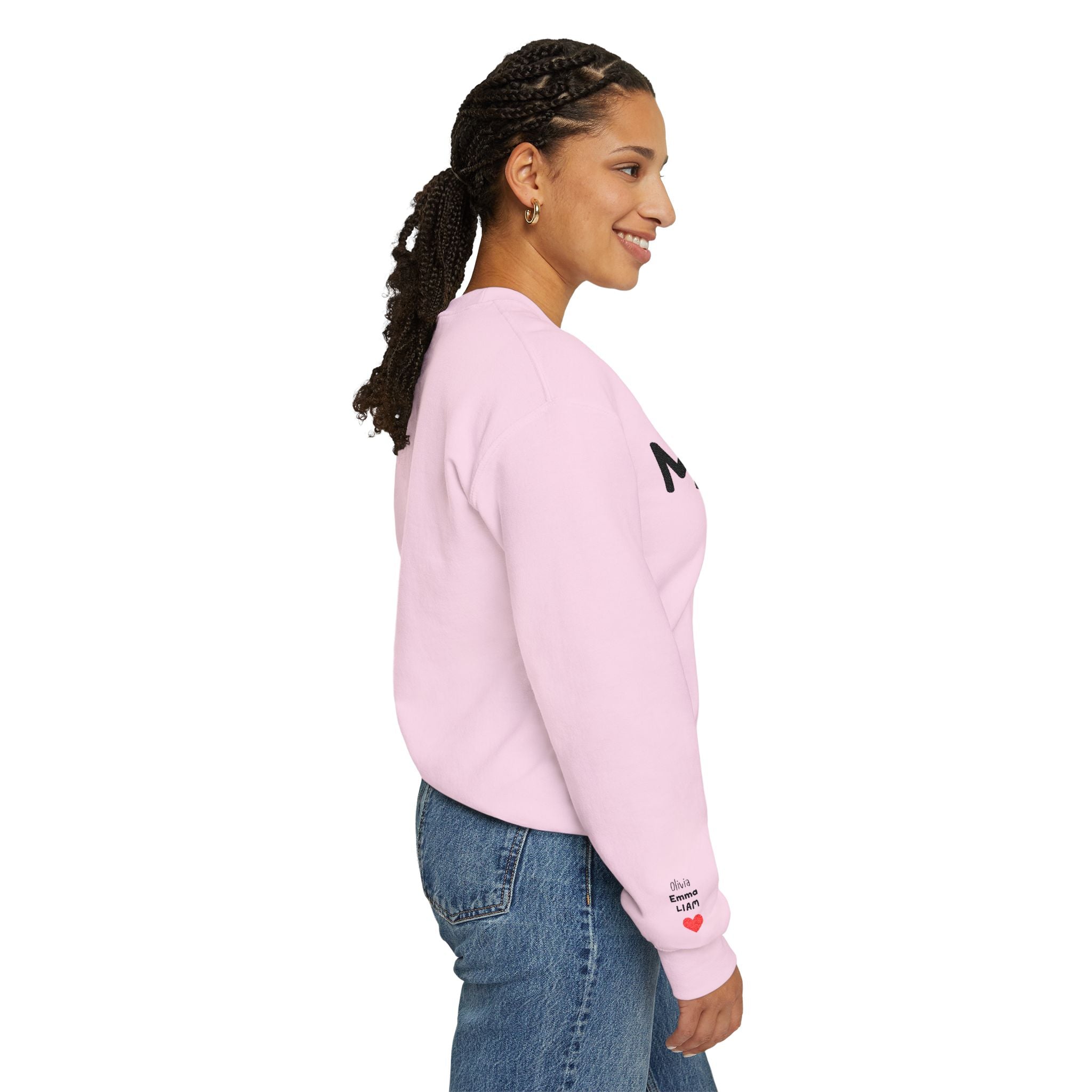 Embroidered - Personalized - Mama Crewneck Sweatshirt — Cozy Mother's Day Pullover with Heart Sleeve Detail